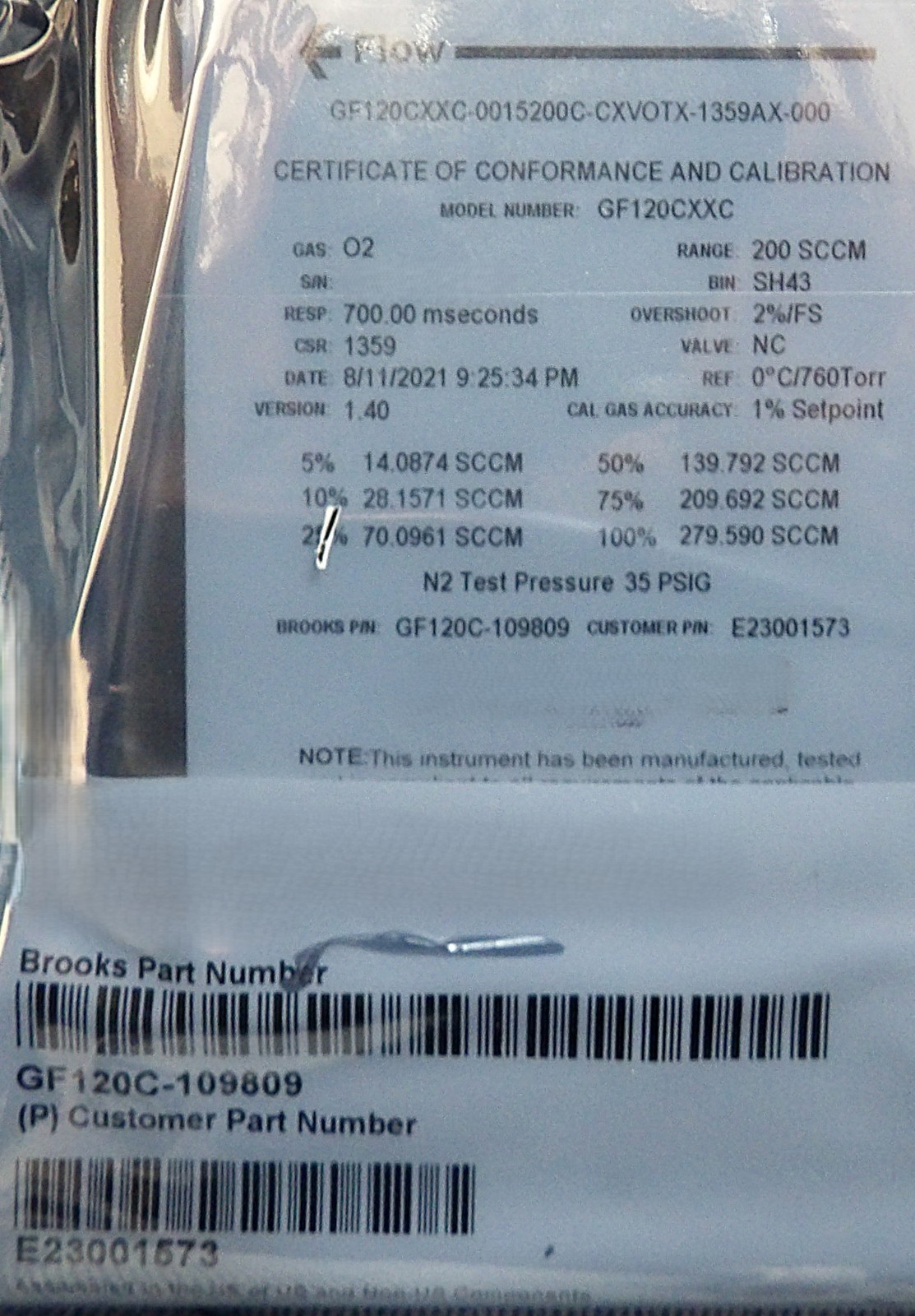 Brooks Instrument GF120C-109809 Mass Flow Controller MFC 200 SCCM O2 New
