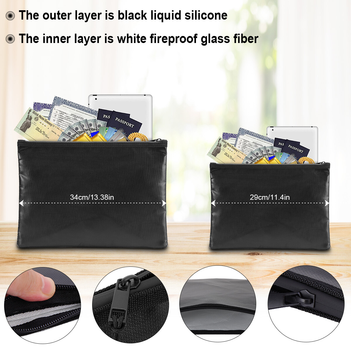 2000℉ Upgrade Fire Proof money Bag Fireproof Document Pouch Waterproof Safe Cash