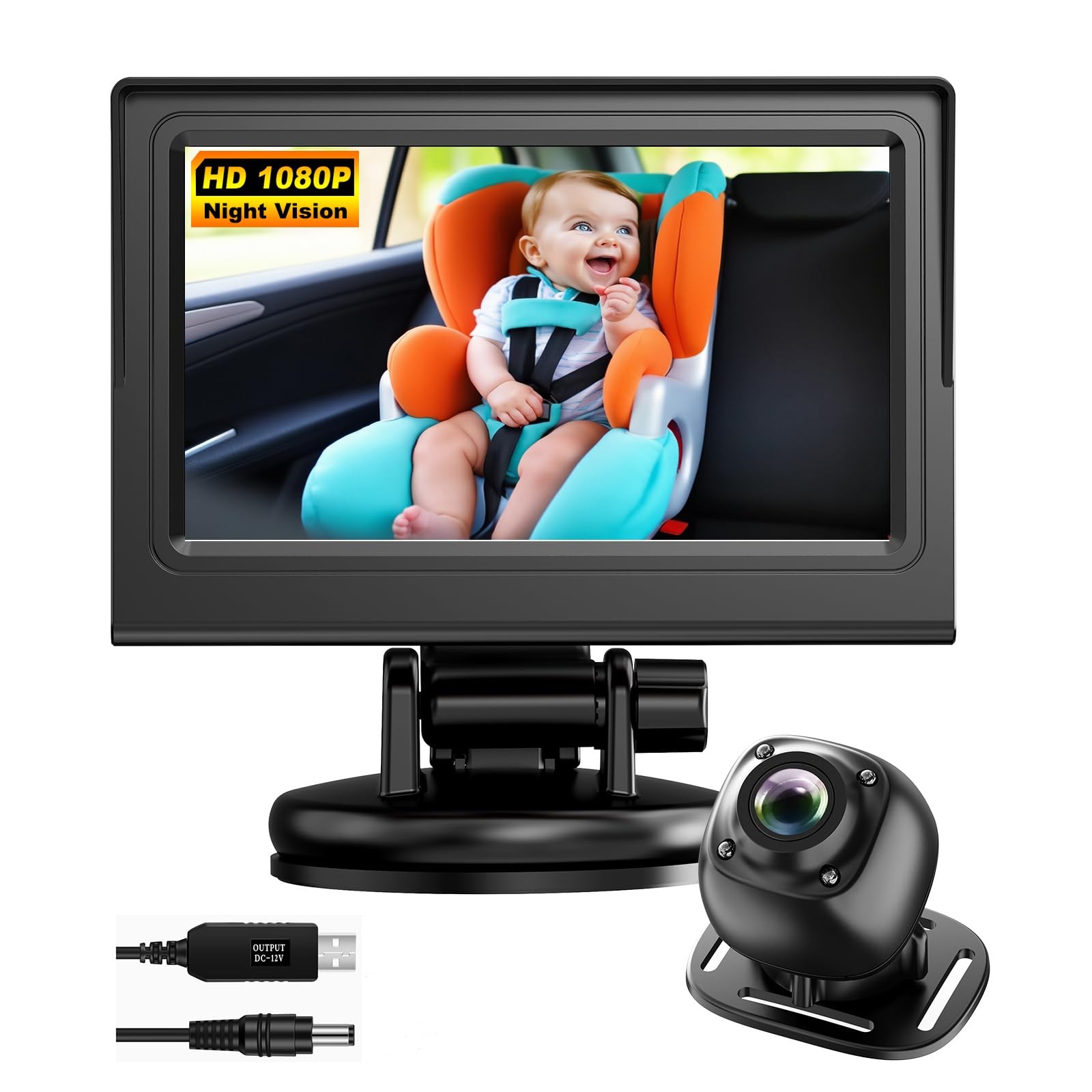 USB Baby Car Camera 4.3 Inch HD Monitor Night Vision 360 Rotation Rear Black