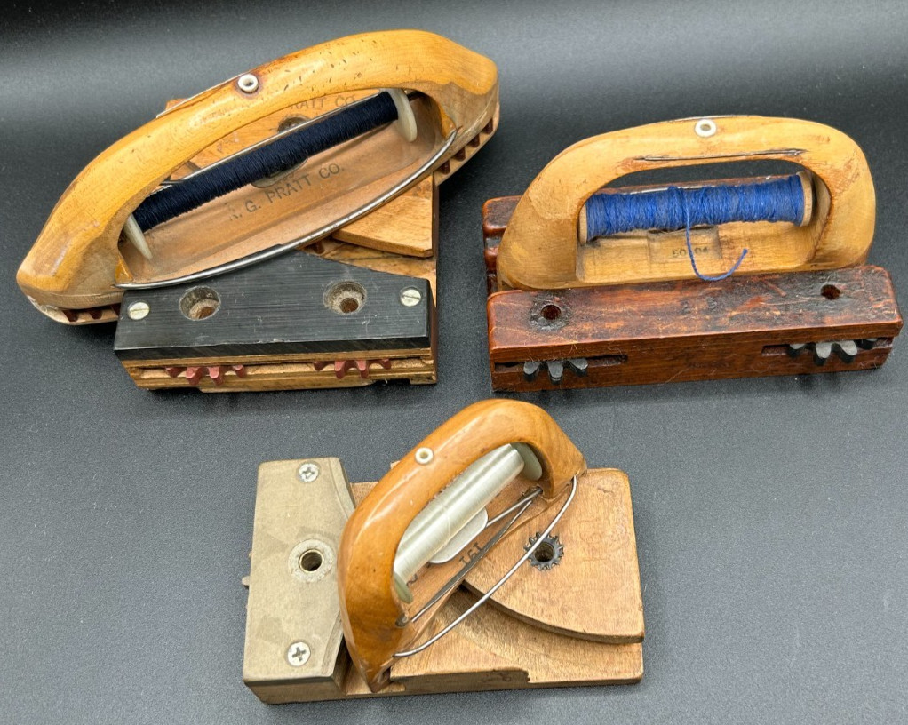 Lot of 3 Vtg Antique Wooden Weaving Shuttles w/ Bobbin Loom Thread Ribbon Label
