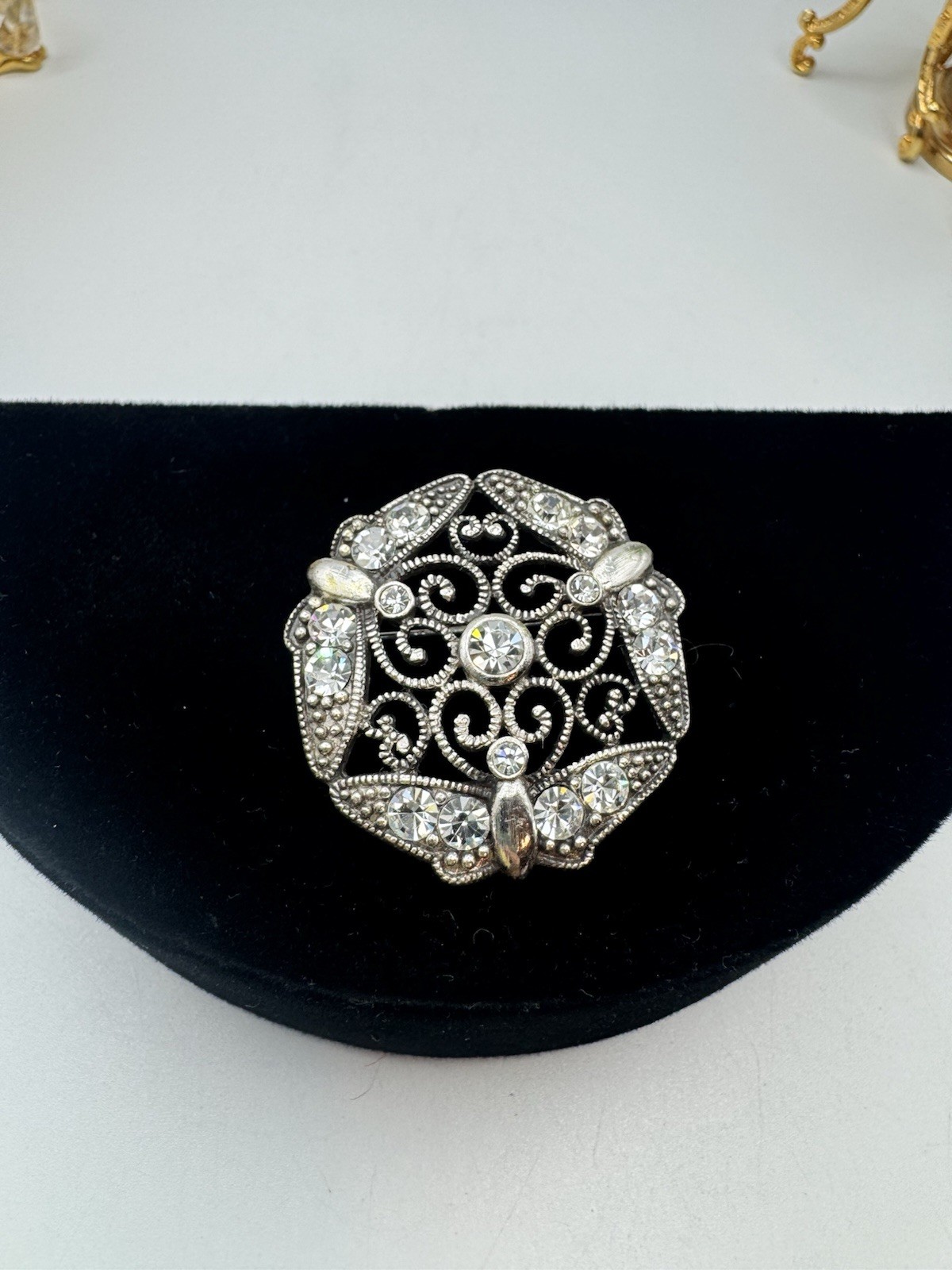 Filigree Silvertone Rhinestone Pin Brooch Vintage Victorian  Style Signed 1928