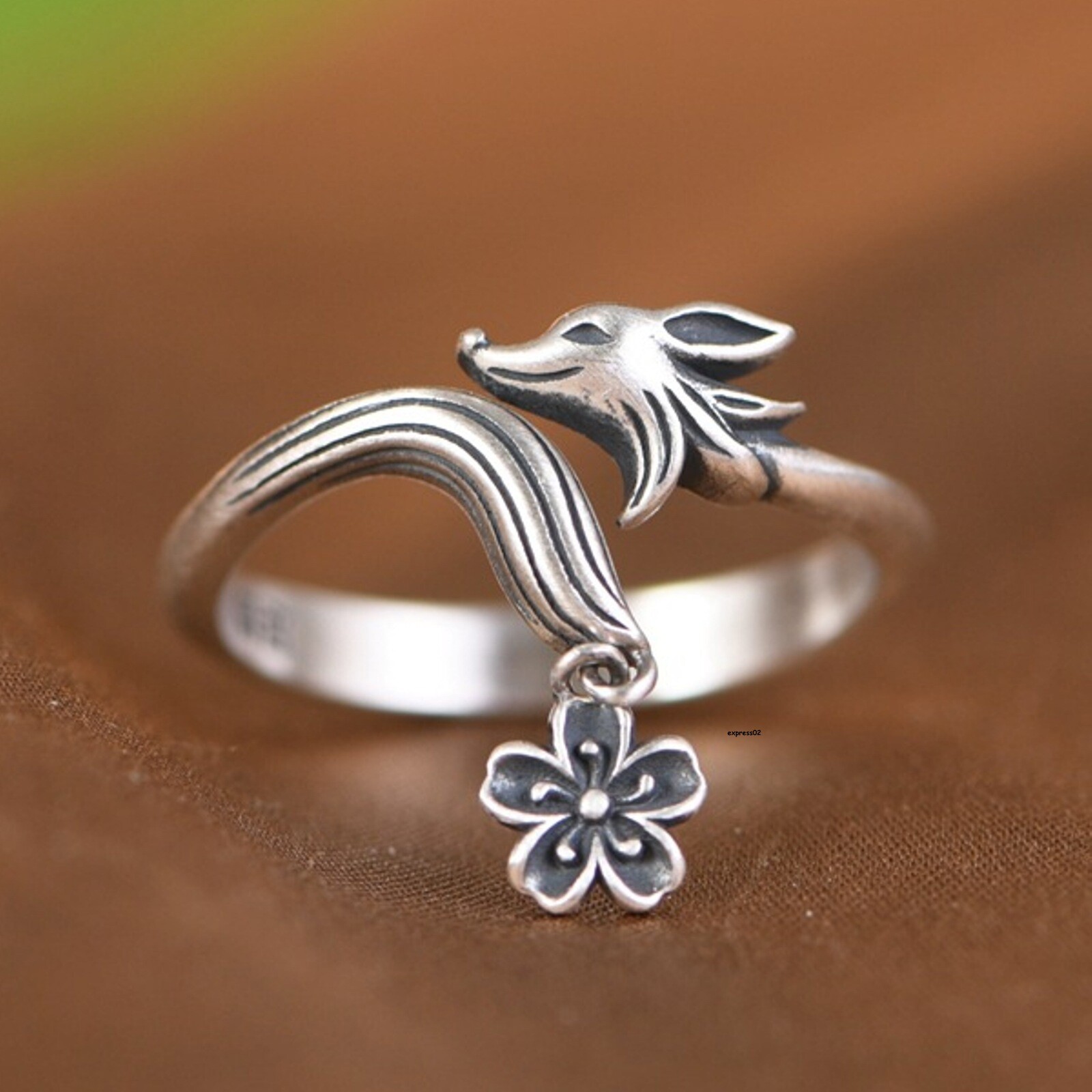 Solid 925 Sterling Silver Band Women gift Flower Fox Open Ring