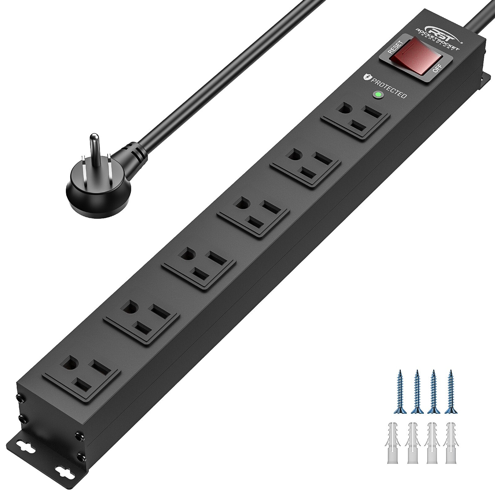 CRST Power Strip Wide Spaced 6-Outlet 6 Feet Cord,15A Circuit heavy duty metal