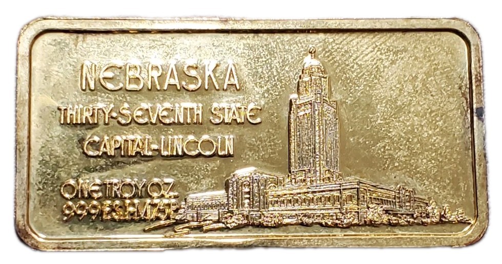 1 Oz Silver 37TH State NEBRASKA Gilded Bar.