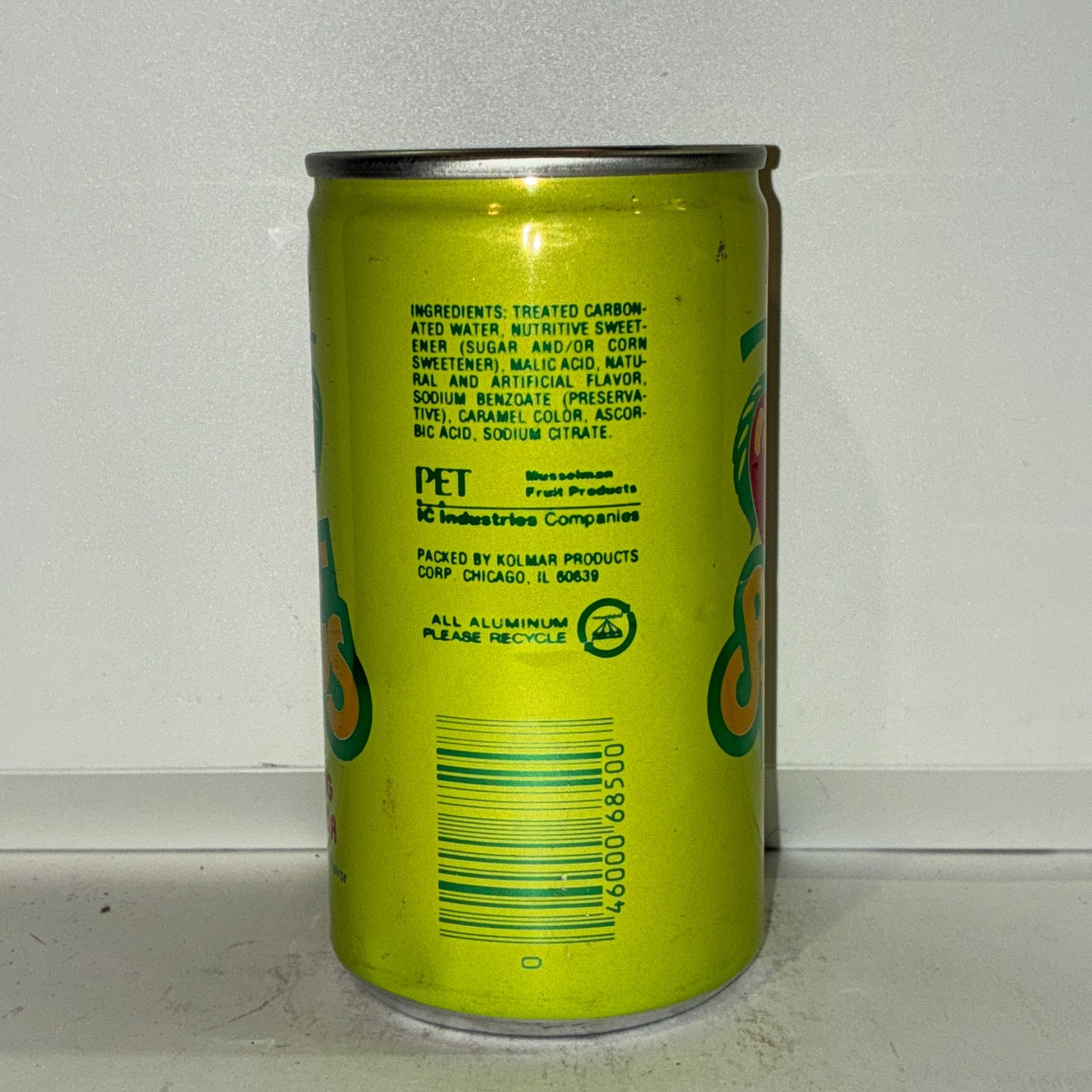 Musselman's Apple-licious Apple soda can, bottom opened