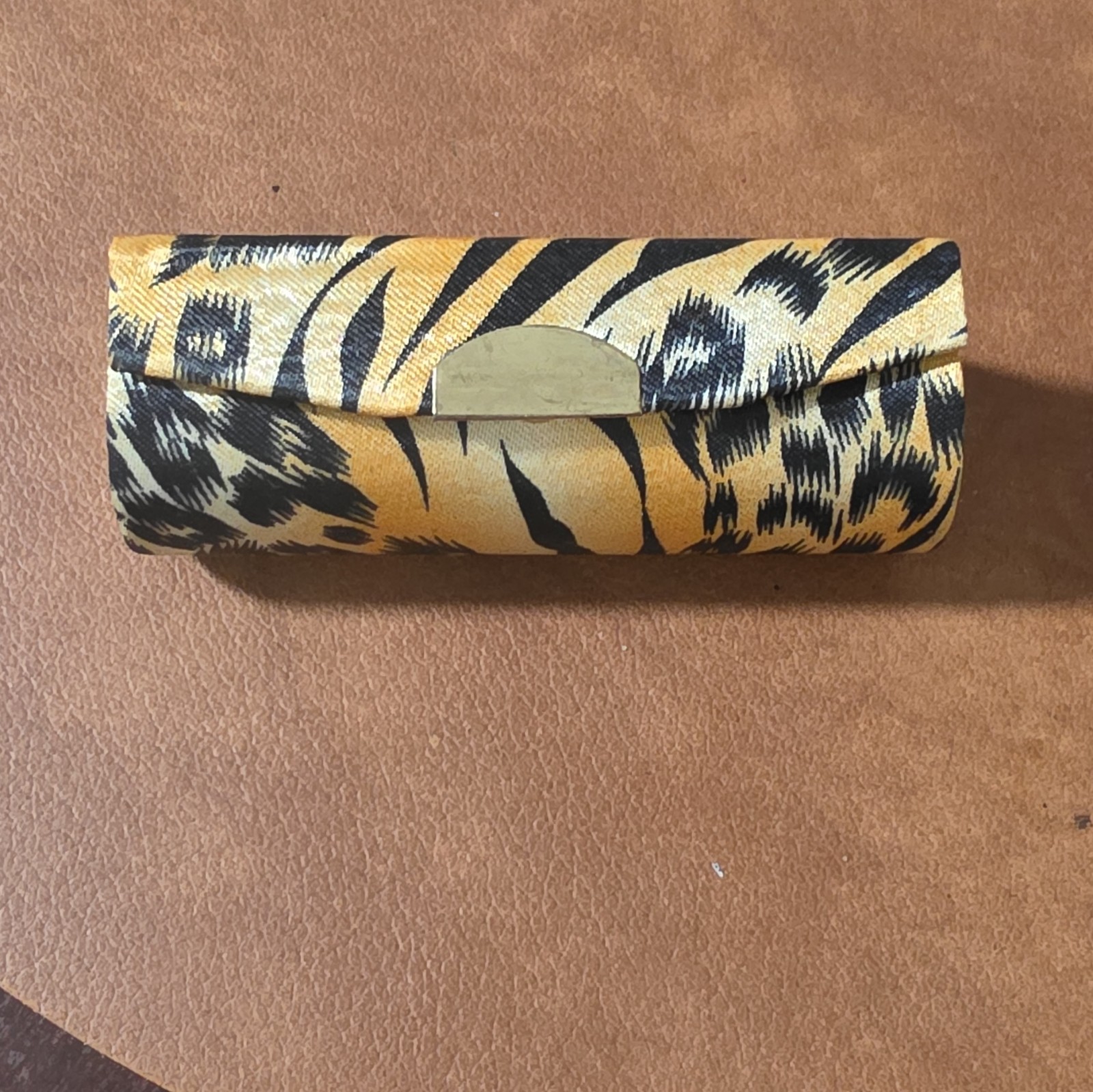 Gold/Black Animal Print Metal Clamshell Hard Case for Glasses MPN 77332