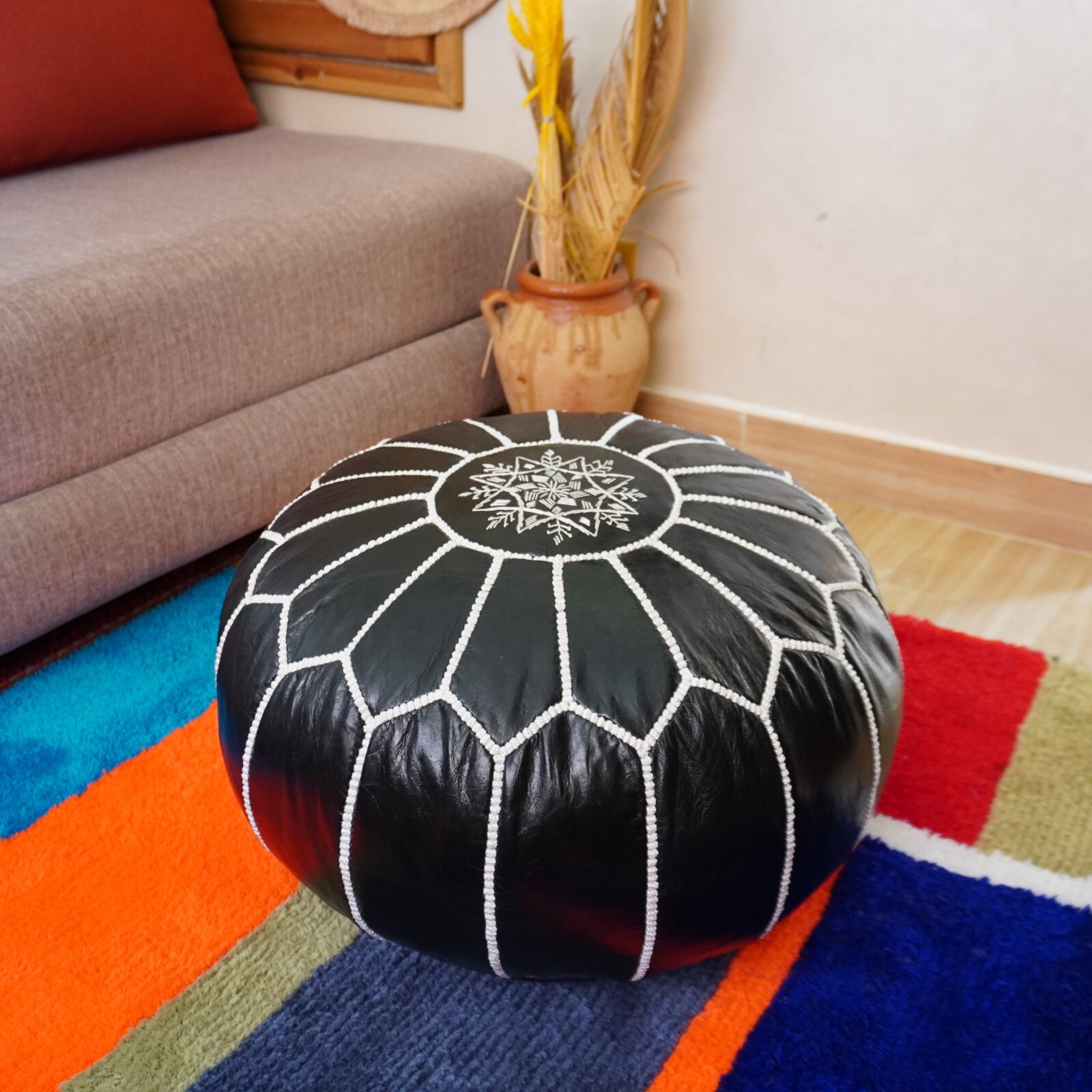Moroccan Handcrafted Leather Pouf, handmade leather pouf, White and black pouf,