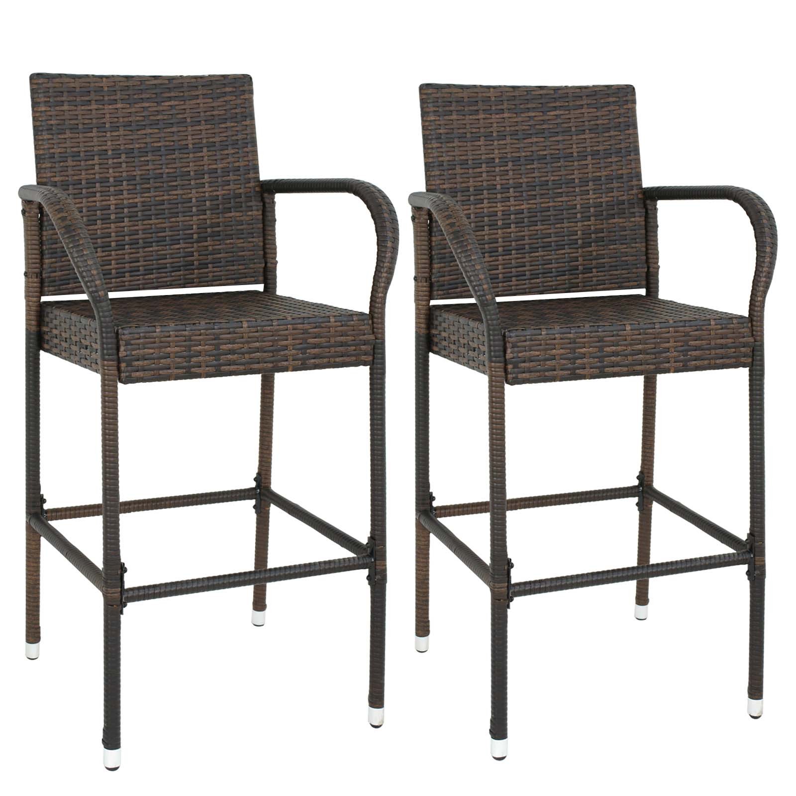 2PCS Rattan Wicker Bar Stool Furniture Chair with Armrest Outdoor Backyard Patio