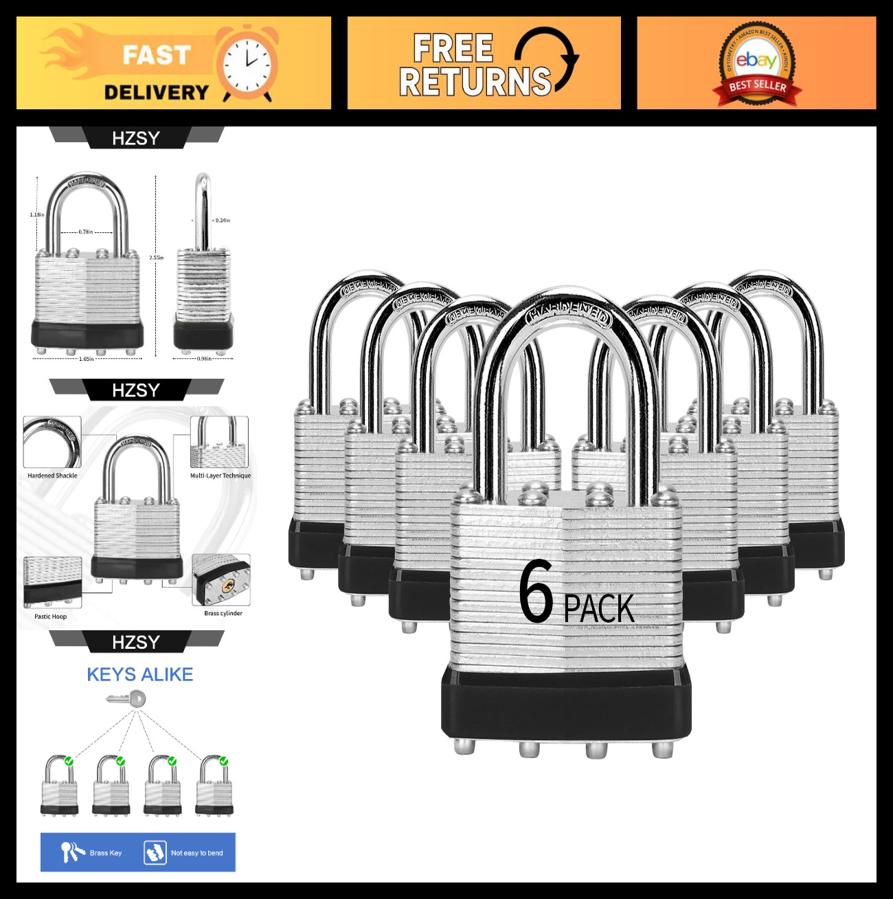 Keyed Alike Padlocks Set of 6 - Laminated Steel, 40mm, Hardened Shackle for Tool