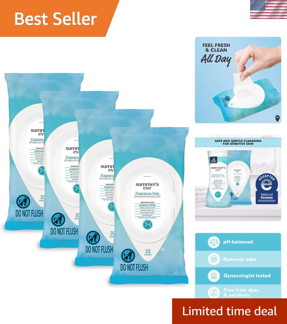 32 Count Summer's Eve Feminine Wipes – Fragrance Free, 4 Pack for Sensitive Skin