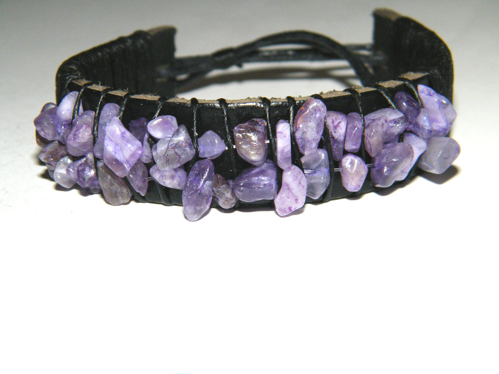 Amethyst Bracelet Purple Faux Stones REAL Leather Cuff Style 6"-10" Wrists NEW!