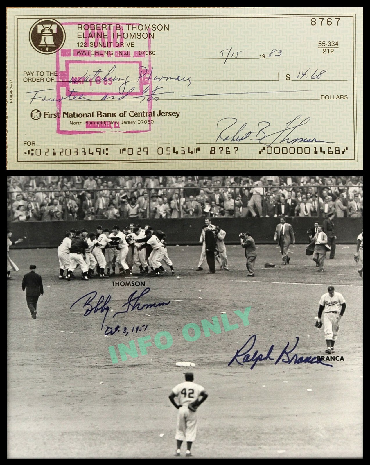 Signed Check - Bobby Thomson baseball's "The Shot Heard Round The World"