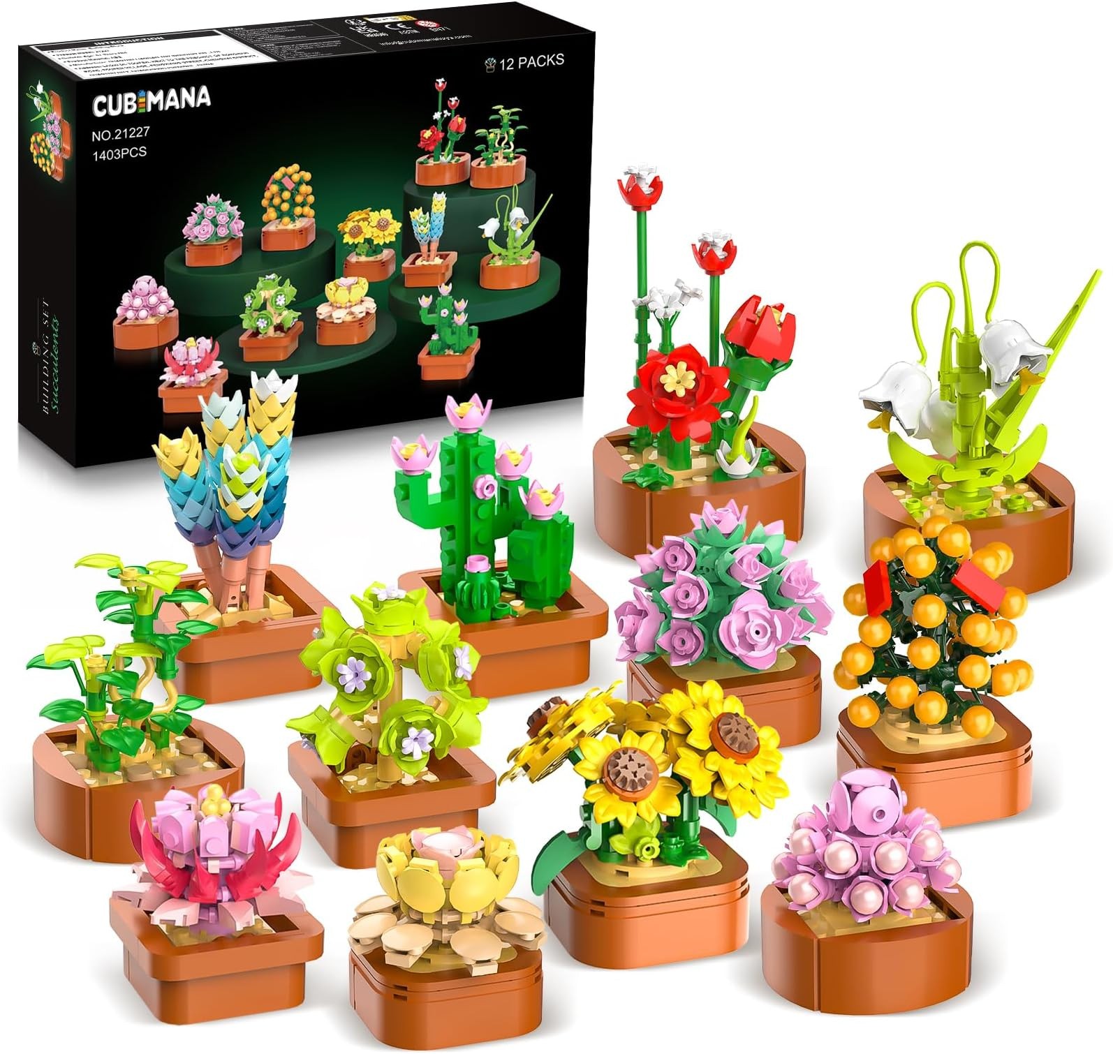 CUBIMANA 12 Pack Flowers Botanical Mini Building Set for Adults Kids 6-12+ | ...