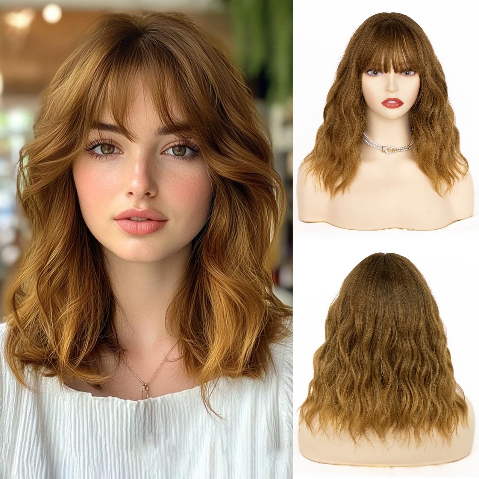 NAYOO Light Brown Wig with Bangs, 14 Inch Bob Wig with Bangs for Wo... Fast Ship