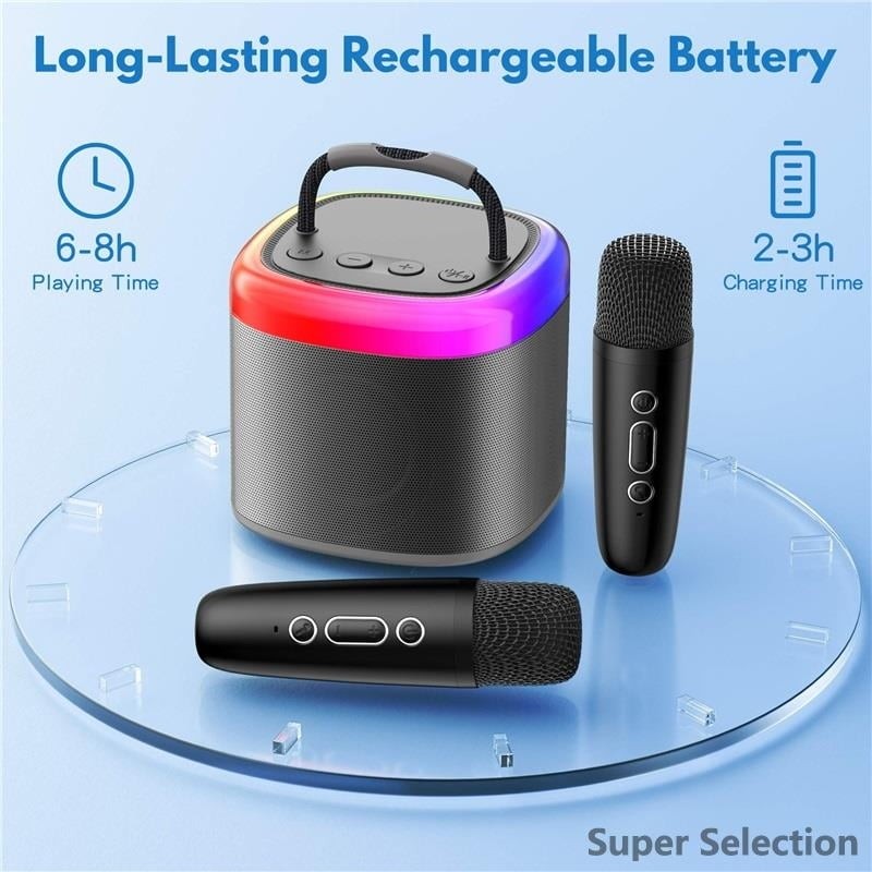 Kids Karaoke Machine With 2 Wireless Mics, Portable Bluetooth With LED Lights