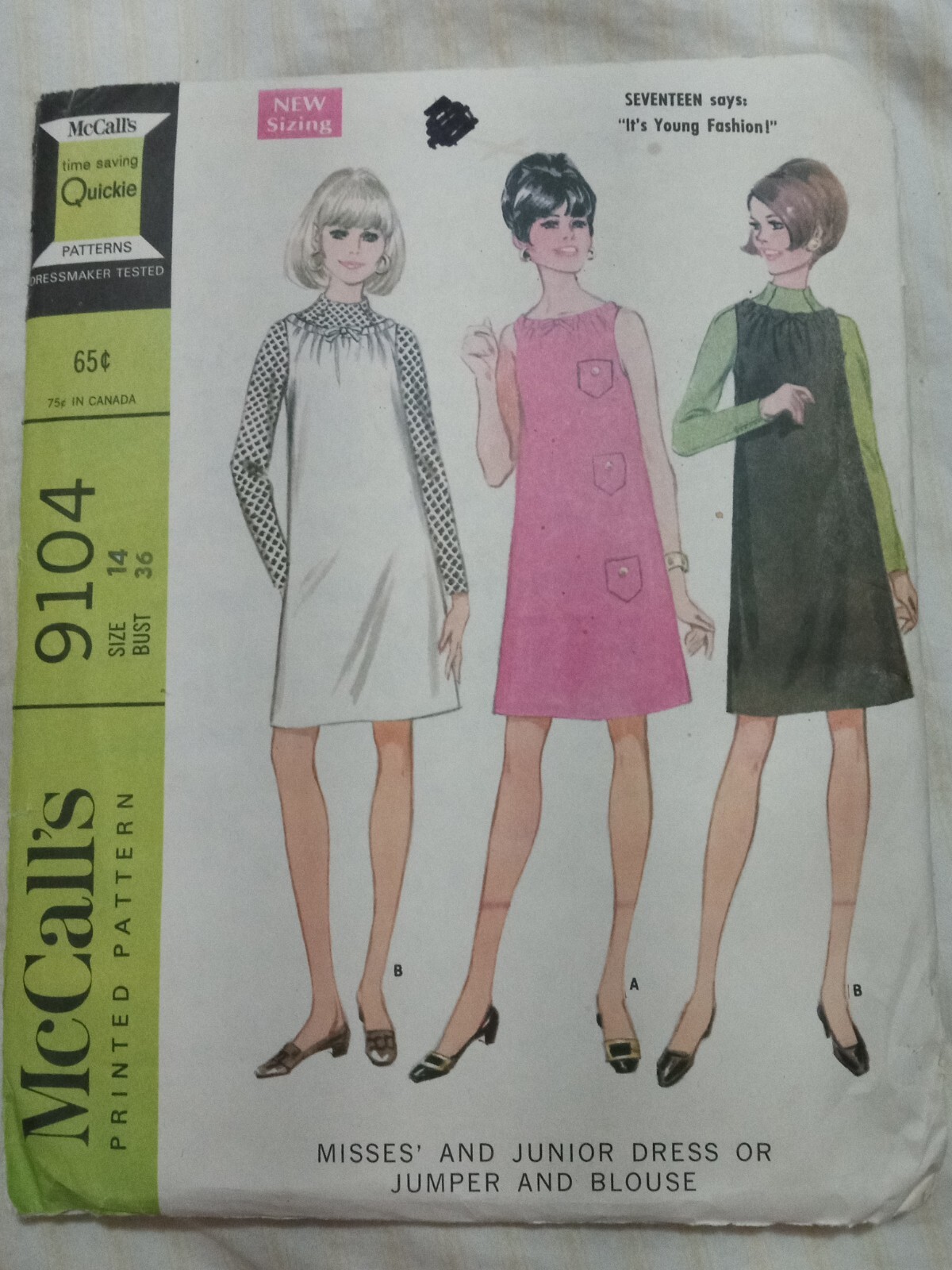 McCall's 9104 Misses Jumper Dress Blouse Size 14 Vintage 1967 Uncut