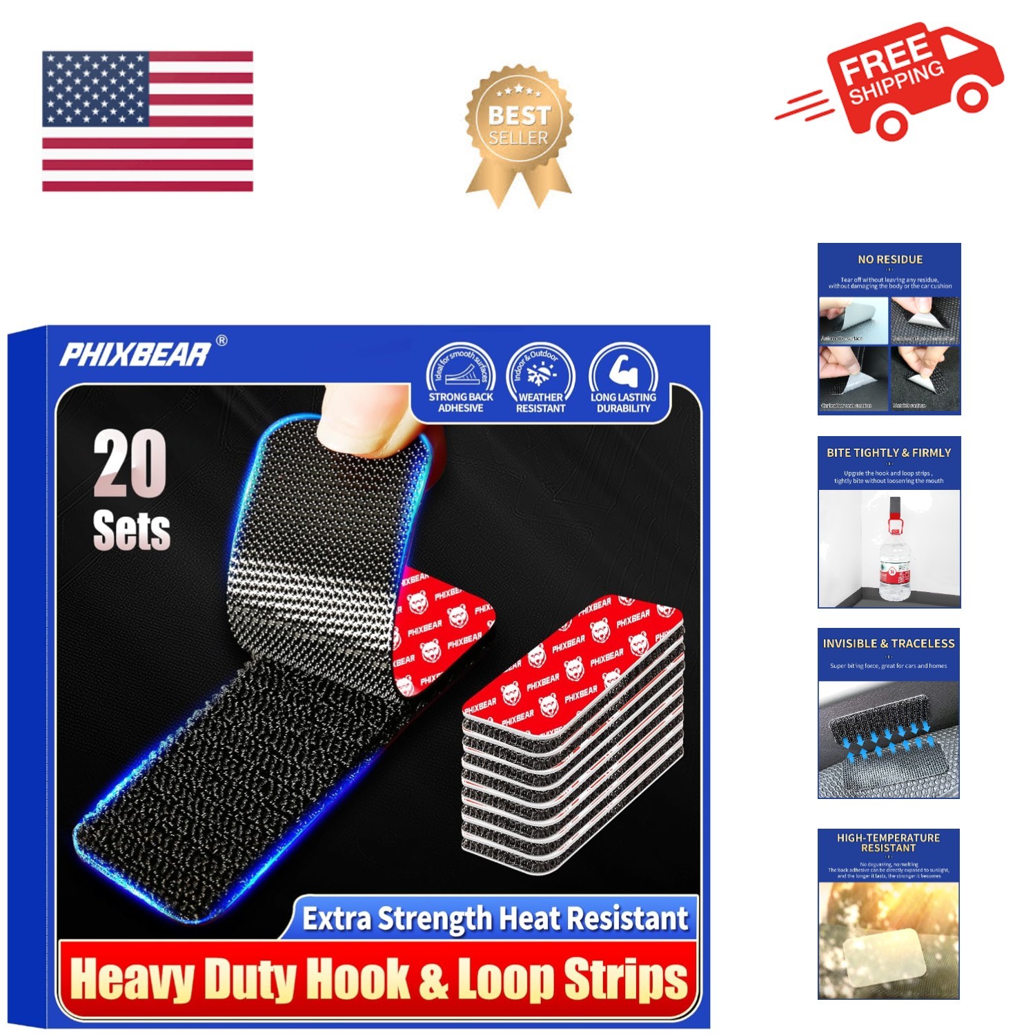 20 Sets Super Adhesive Hook and Loop Strips Heavy Duty, Heat Resistant Waterp...