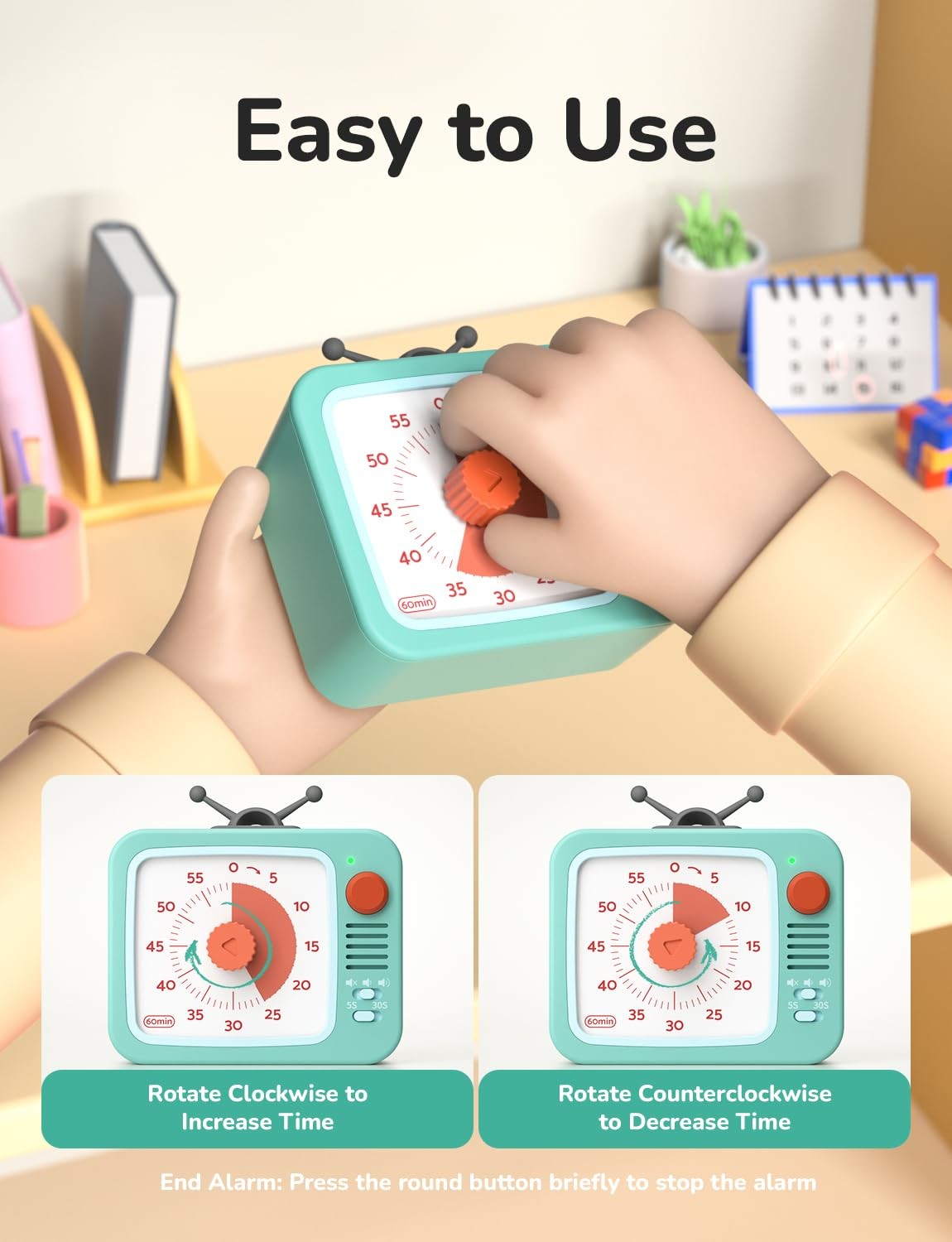 Visual Timer for with Pause, 60 Minute Countdown Timer, Green