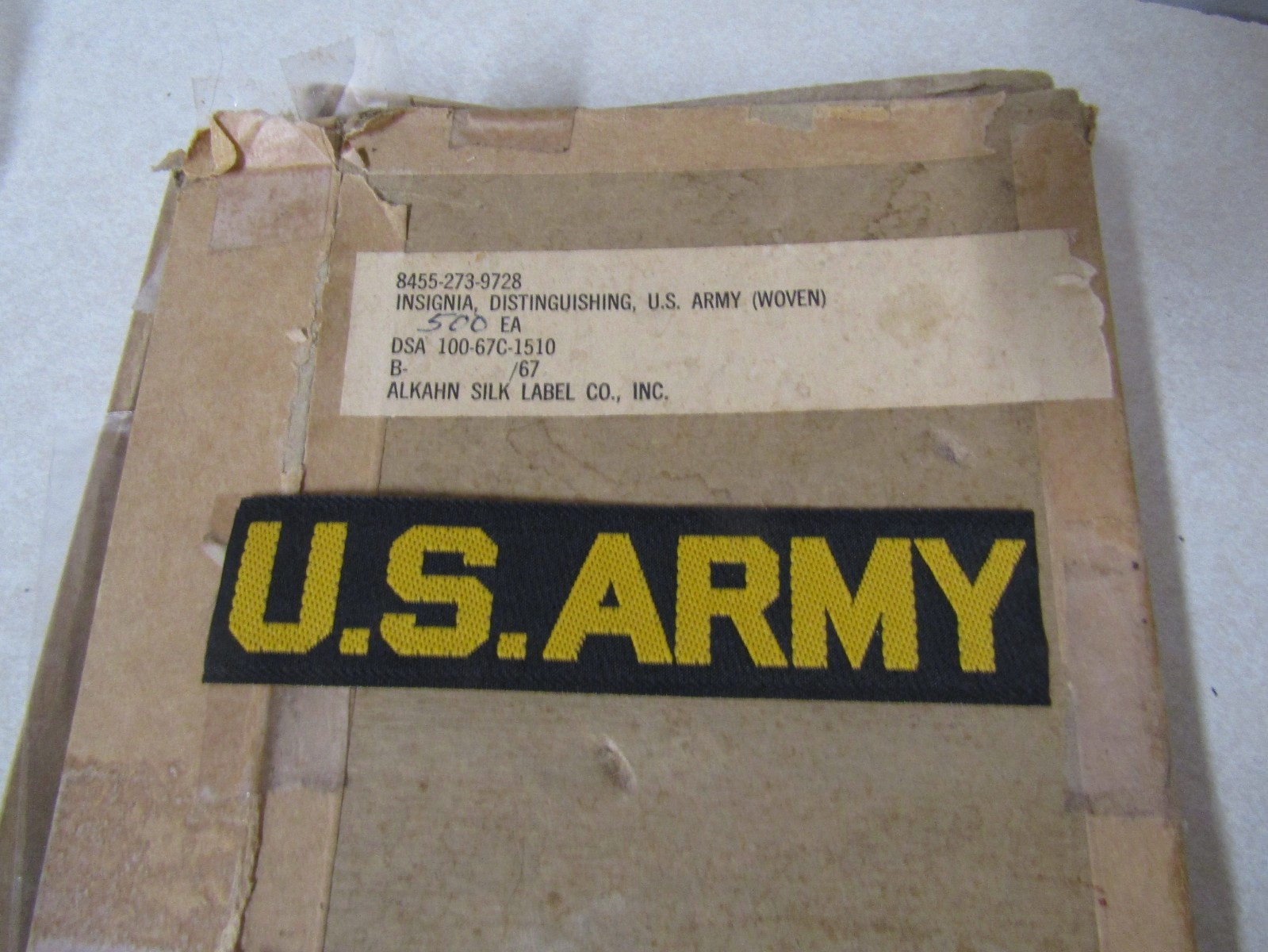 MILITARY PATCH US ARMY NAME TAPE BLACK & GOLD VIETNAM ERA FROM BOX DATED 1967