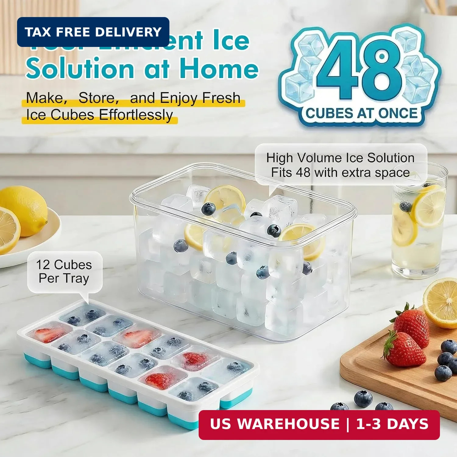 NFK Ice Cube Tray with Lid & Bin - 4 Pack 48 Cubes Stackable Silicone Trays for