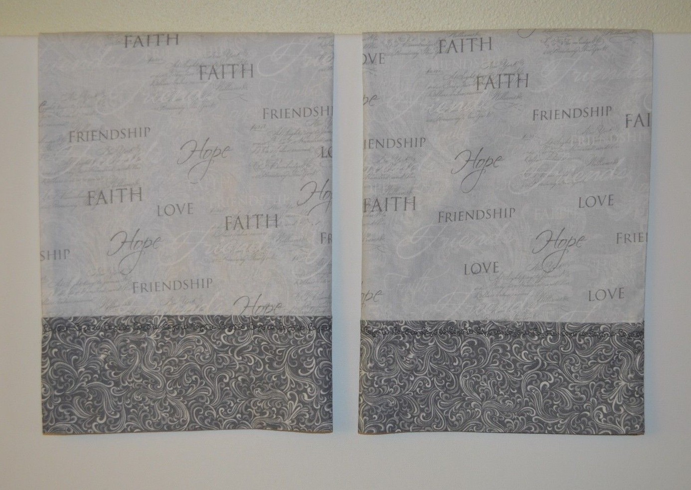 Gray Pillowcases Two Handmade standard queen Cotton New Faith Love Hope