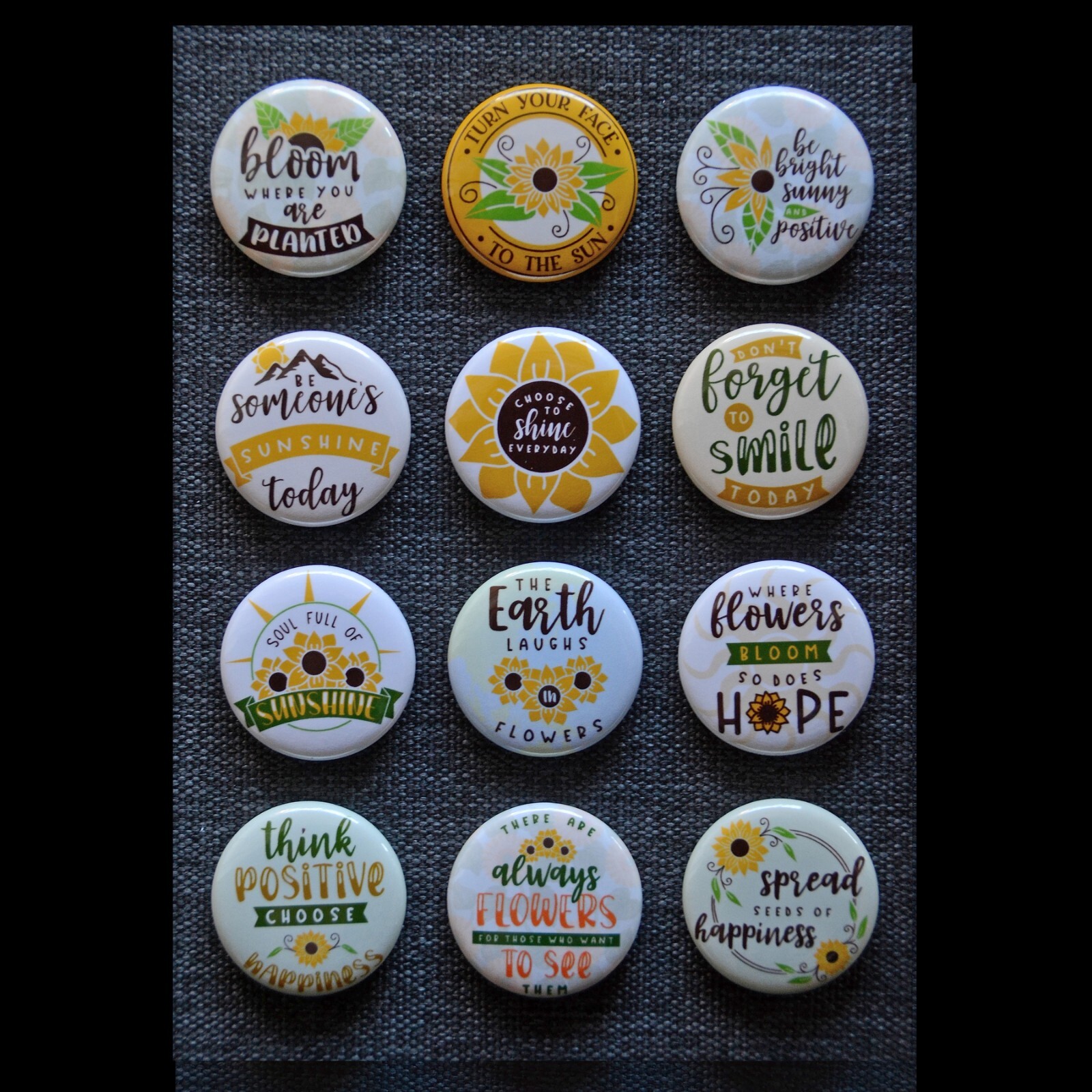 Sunflower Inspirational Sayings / Buttons (Set of 12) / Various Size Options