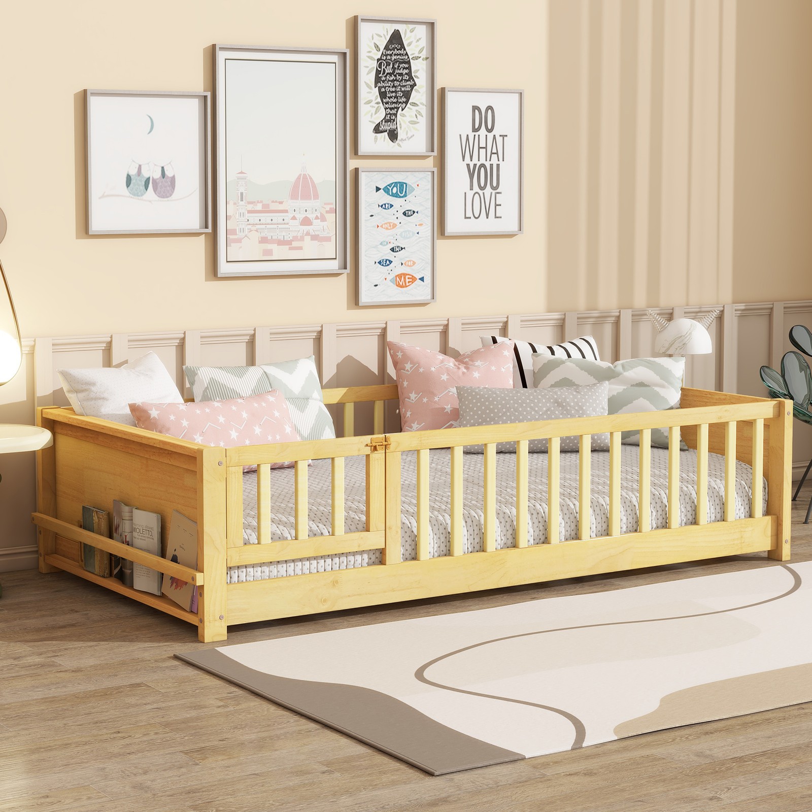 Twin Floor Bed for Kids Montessori Bed Frame with Fence Door Book Rack Natural