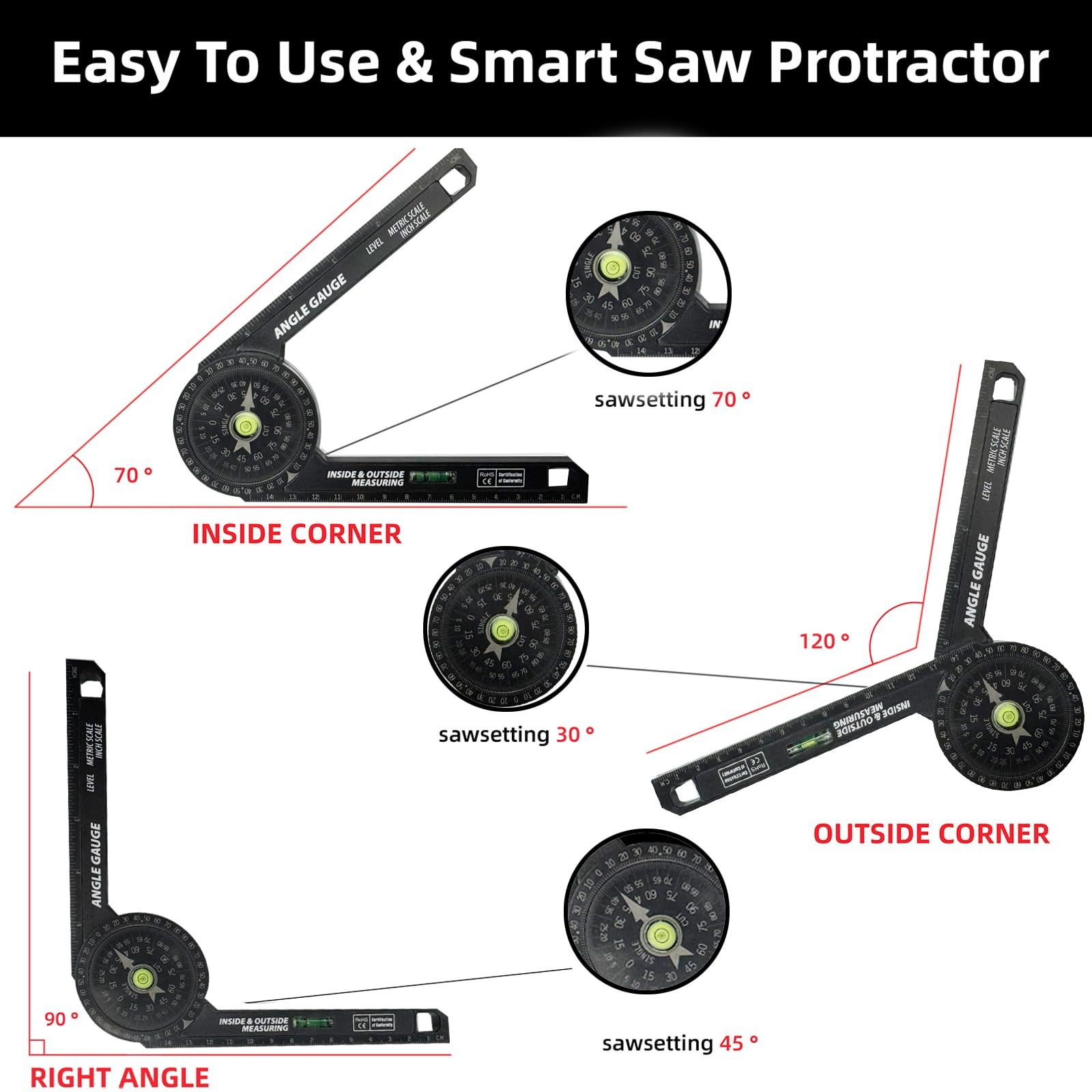 Miter Saw Protractor, 7 Inch Protractor with Level, High Precision Laser Mark...