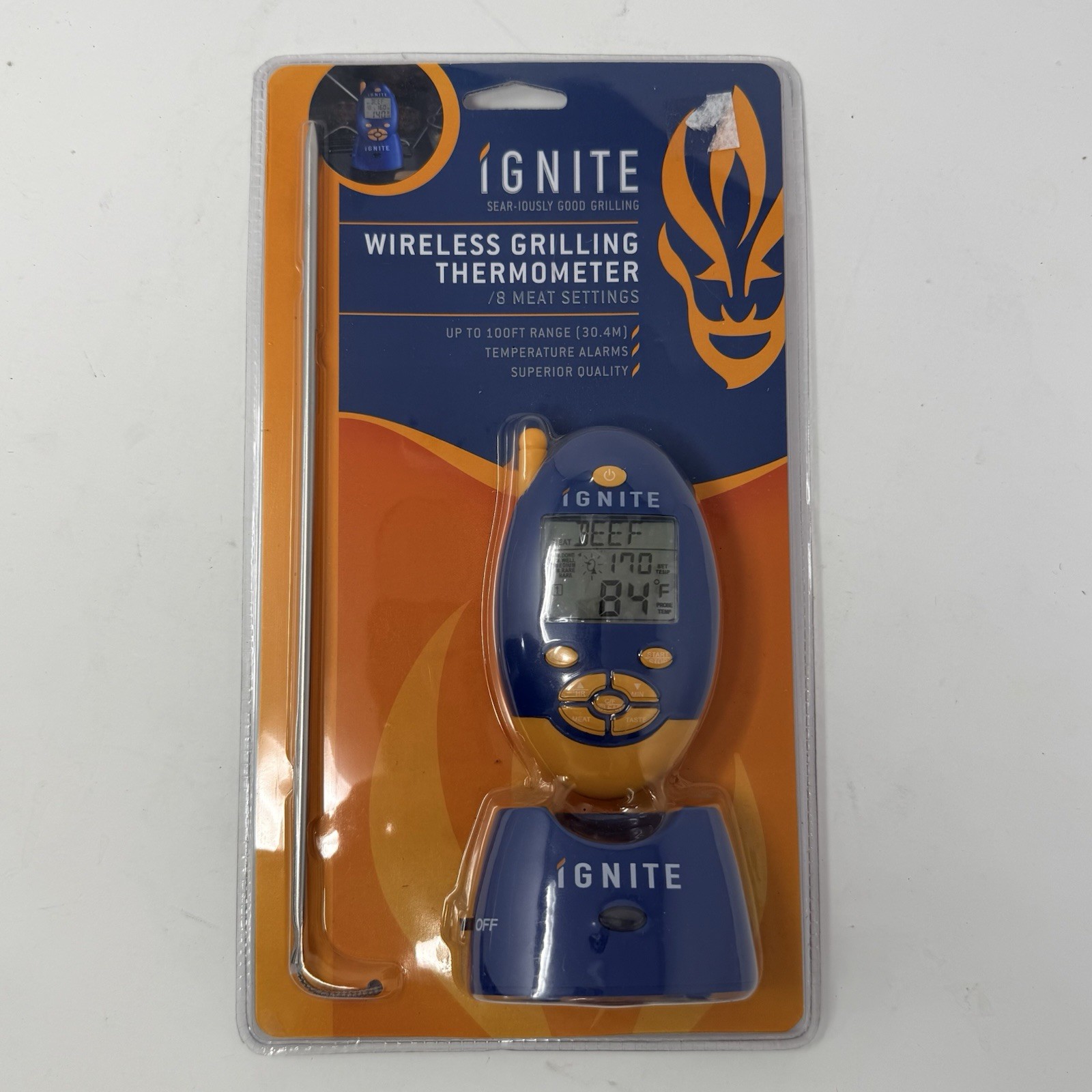 Ignite Wireless Grilling Thermometer 8 Meat Settings Up to 100 Ft Range - Alarms