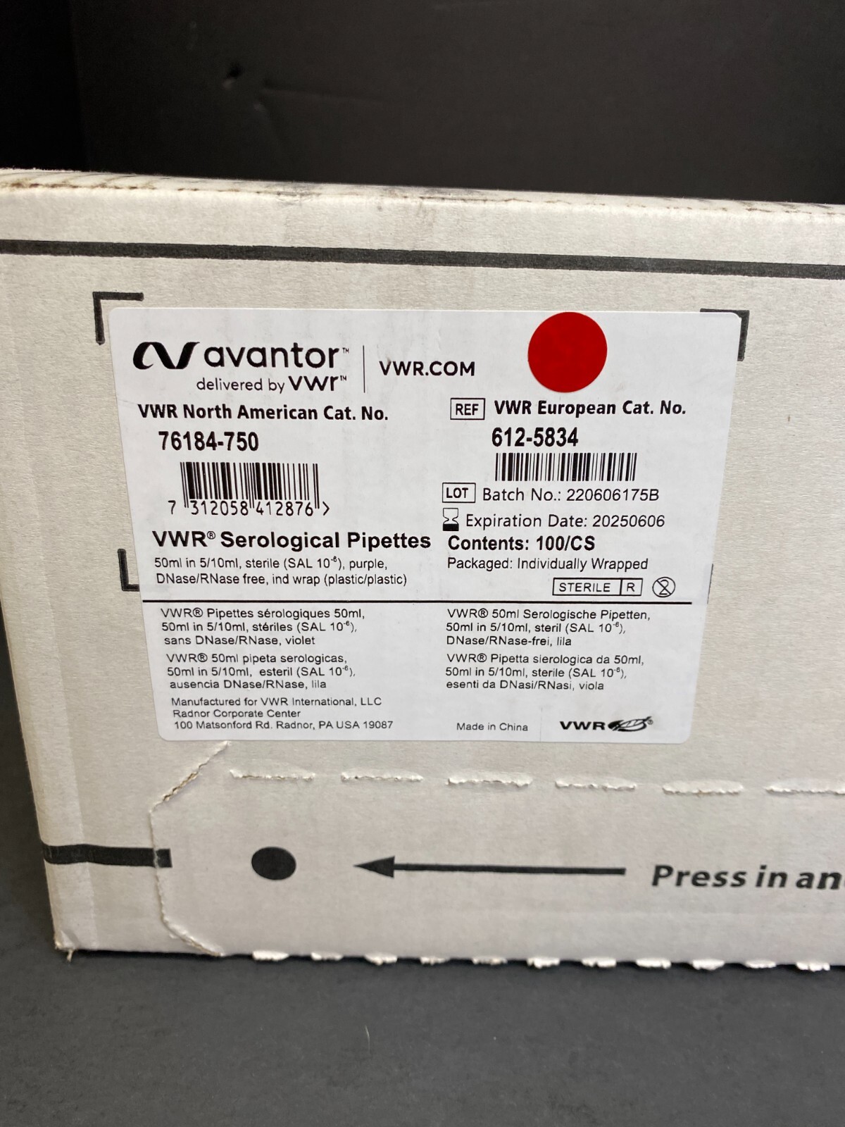 VWR Serological Pipette 50 ml Polypropylene Case of 100 Pipets