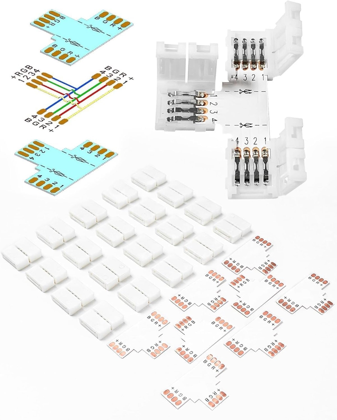 20Pcs 4-Pin Led Light Strip Connectors Set with 8 Pcs Double-Sided Cuttable T...