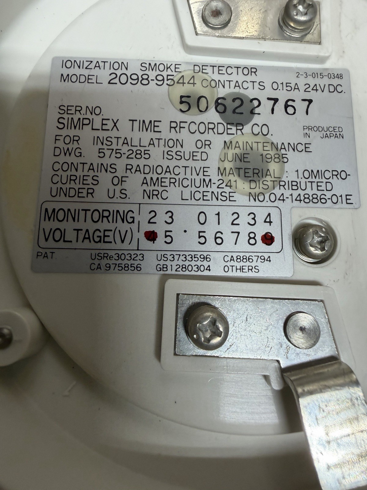 (1) Simplex 2098-9544 Conventional Ionization Fire Alarm Smoke Detector Head
