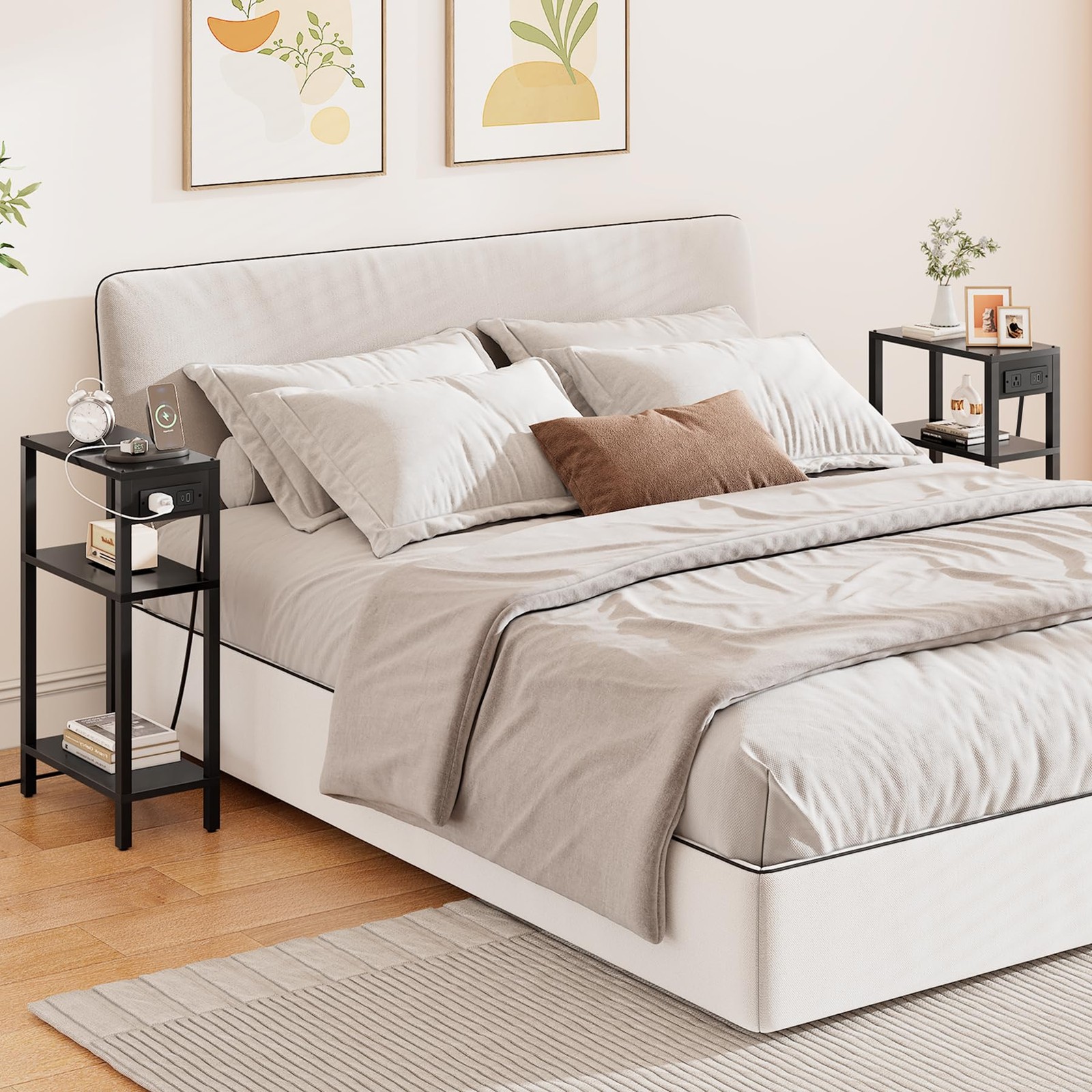 Narrow Side Table with Charging Station,Small End Table with USB Ports and Ou...