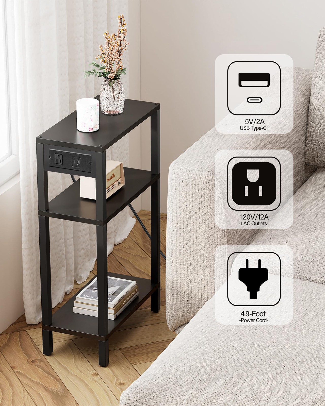 Narrow Side Table with Charging Station,Small End Table with USB Ports and Ou...