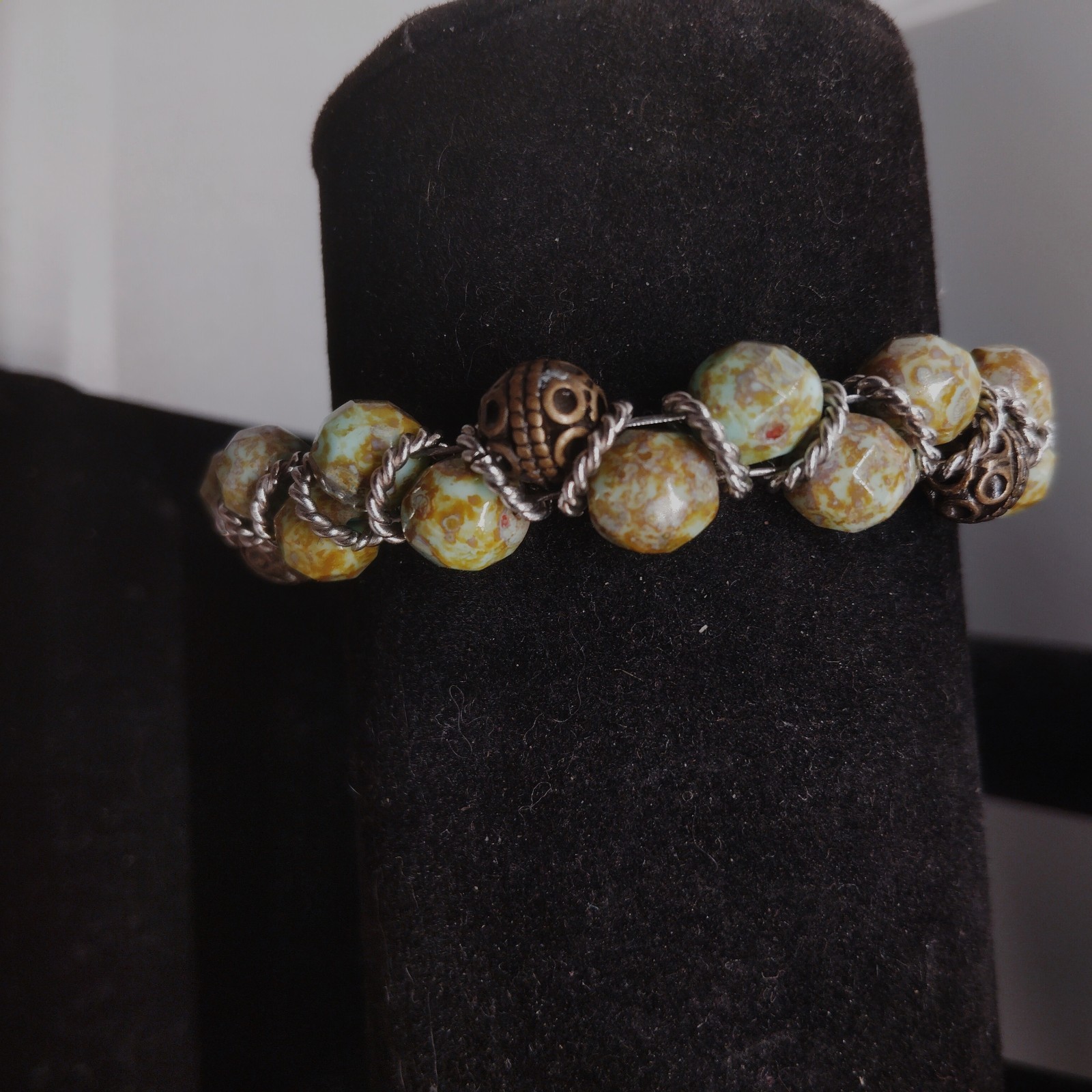 Handcrafted Bracelet Green & Brown Beads,Silver Rings Ring/Bar Clasp 7.5"
