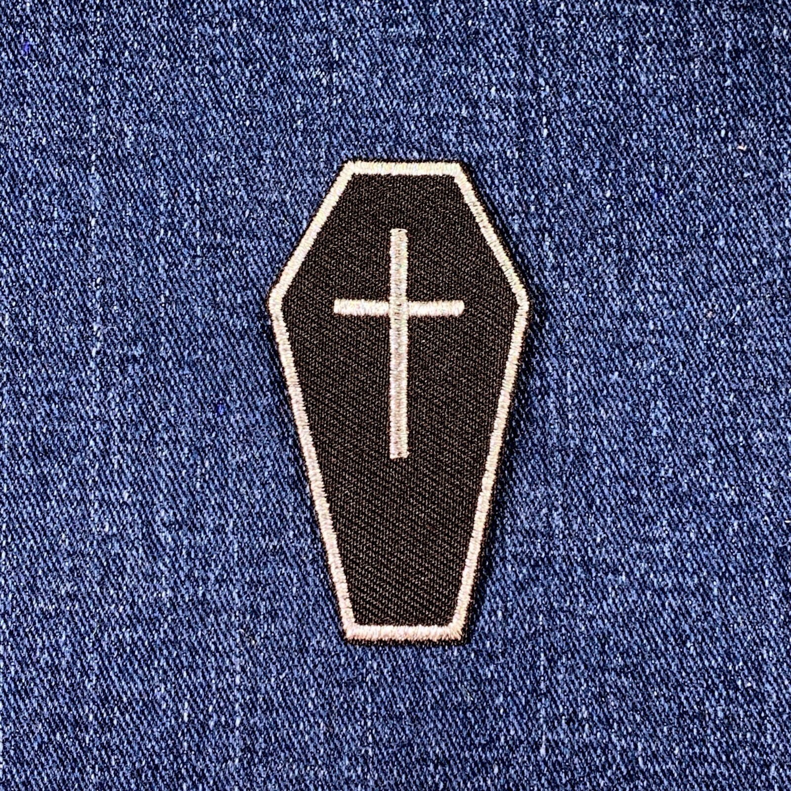 Coffin Applique Patch - Embroidered Jesus Cross Mortuary Funeral Badge 2.5"