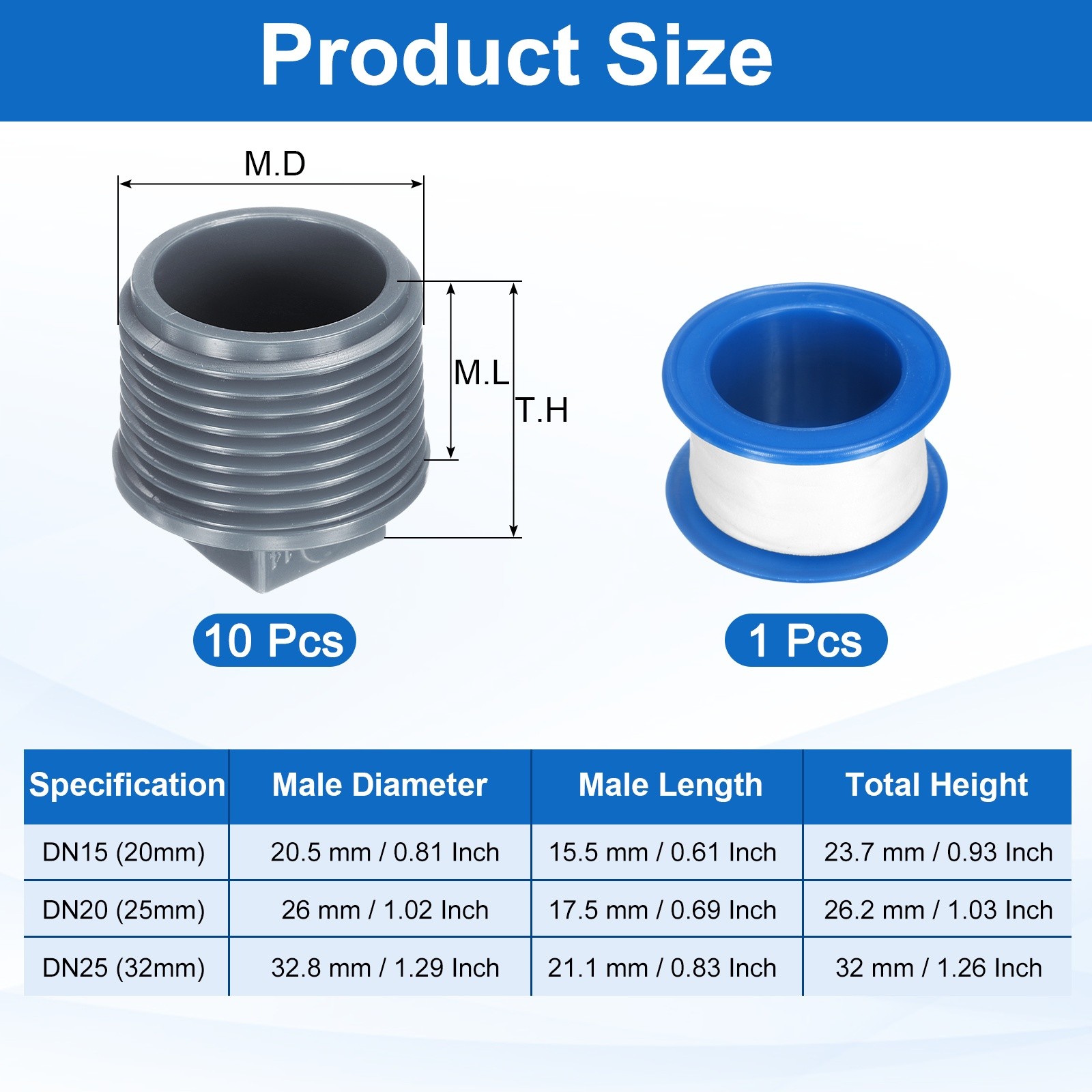 10Pcs 3/4 Inch PT Male Thread PVC Pipe Fitting Plug with Tape, Gray