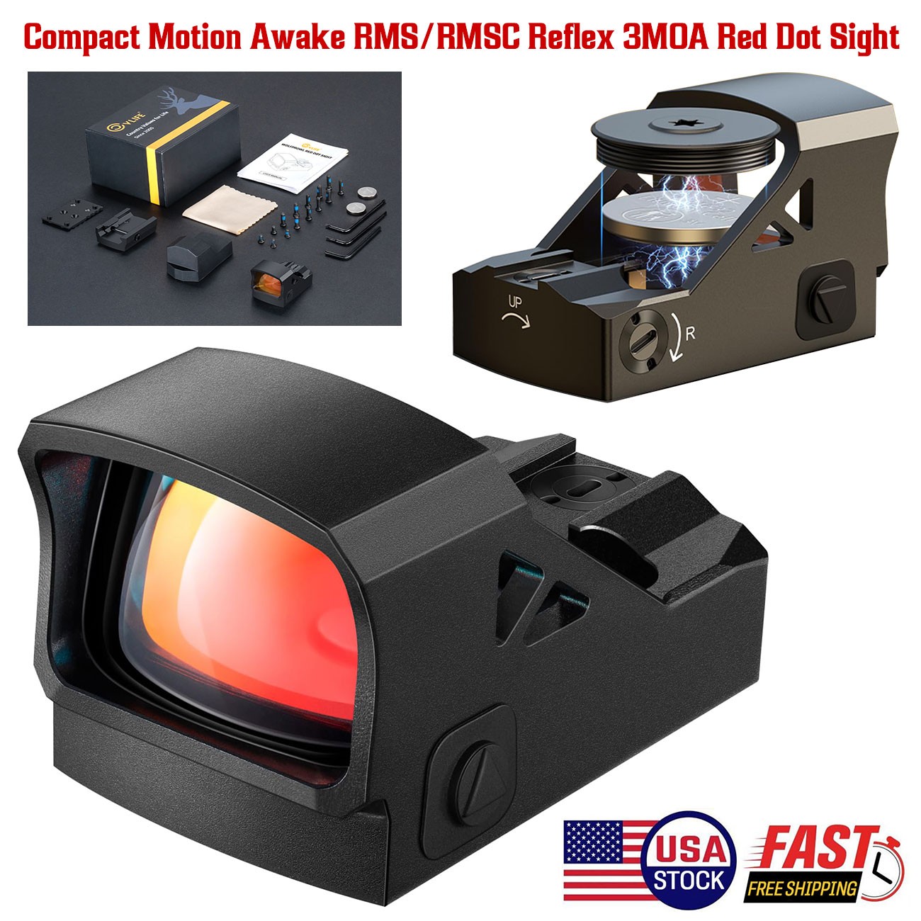 Motion Awake 3MOA RefIex Red Dot Sight OptisScope For RMS/RMSC Pistol Shockproof