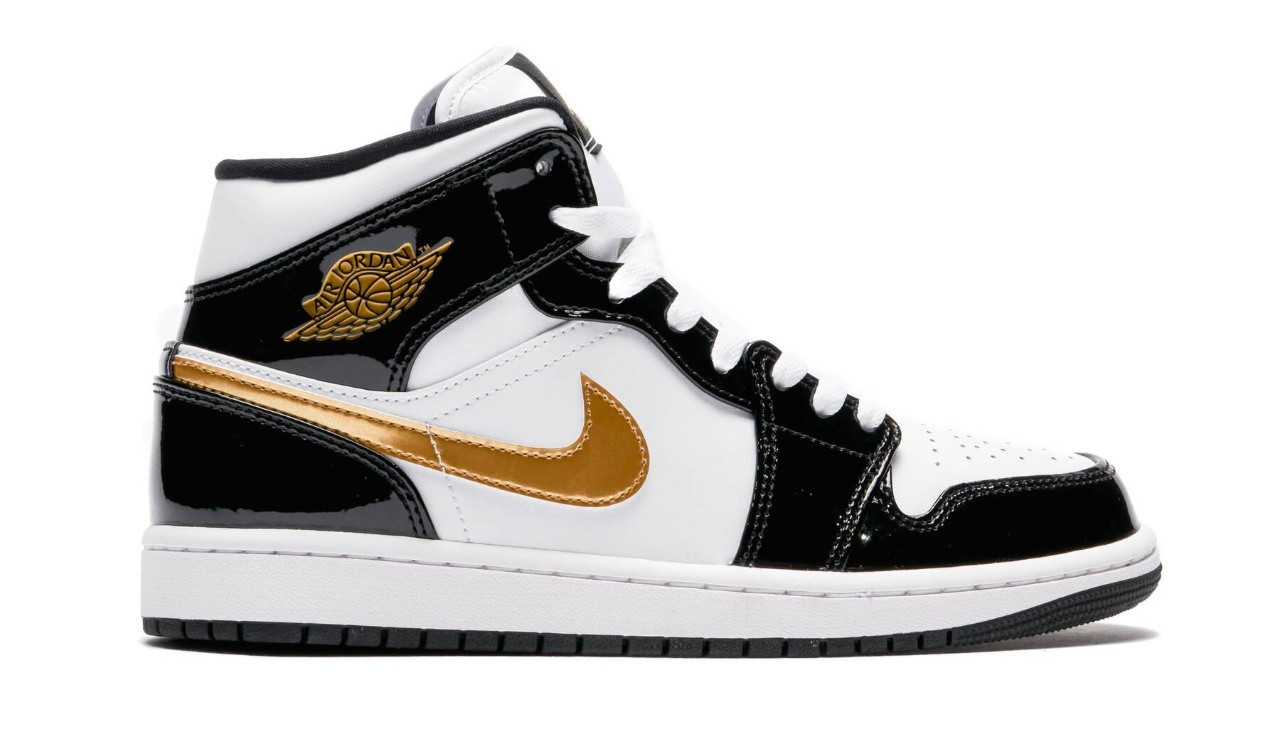 Nike Air Jordan 1 Mid Patent Black White Gold 852542-007 Men's Size New