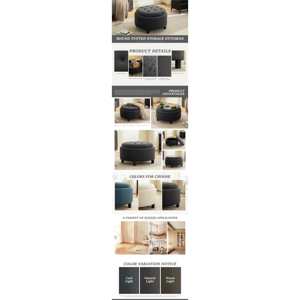 29.33inUpholstered Round Ottoman With Reversible Lid Fleece Fabric Storage Stool