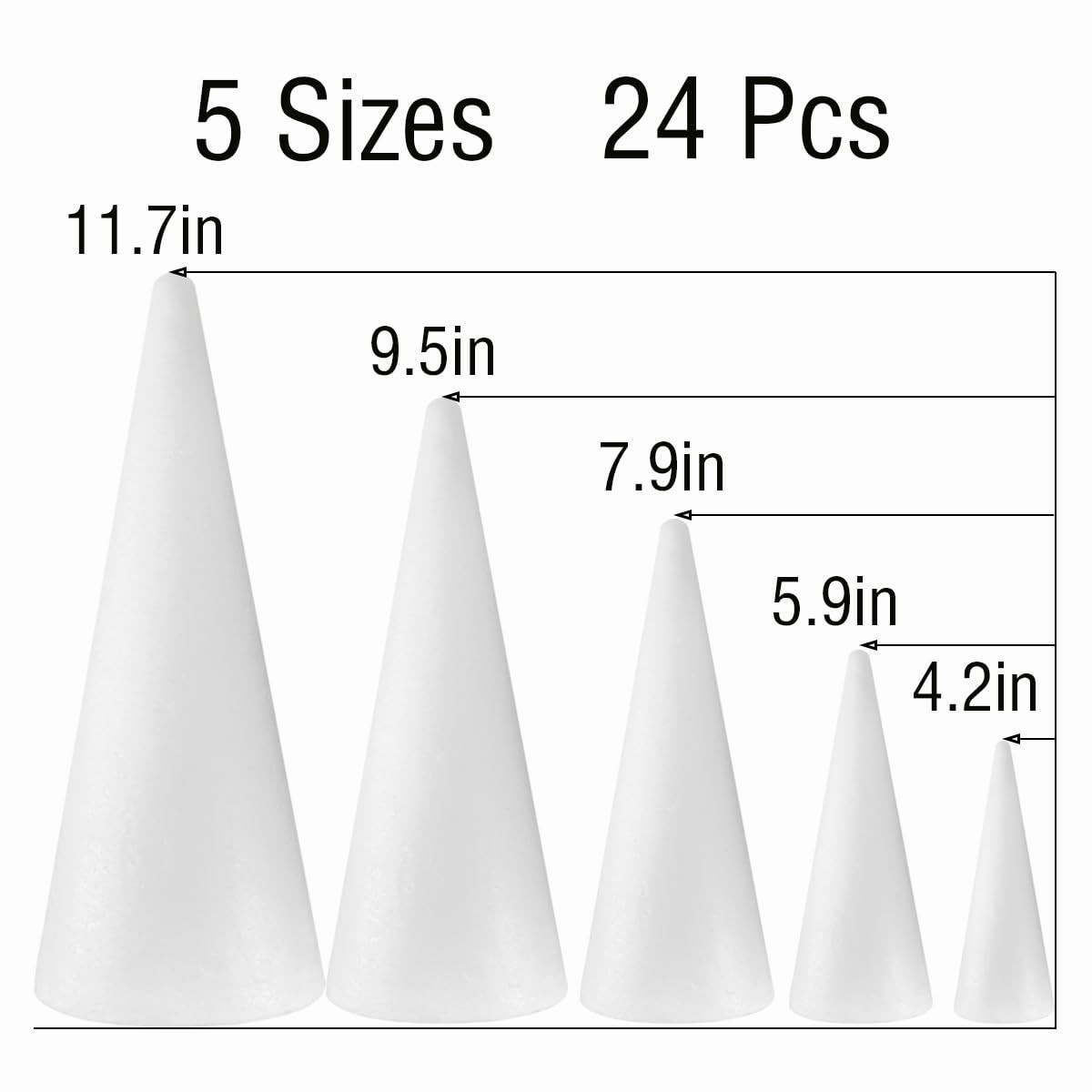 24-Pack Craft Foam Cones, Foam Tree Cones, Assorted Sizes White Polystyrene C...