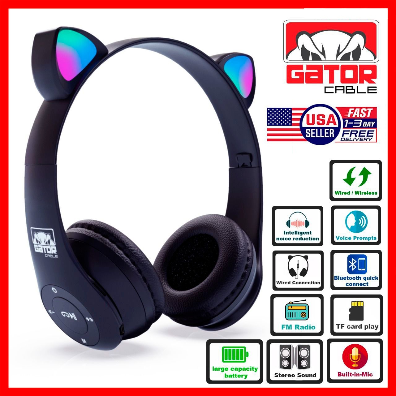 Cat Ear Wireless Bluetooth Headphones Earphones Headset MIC LED Lights Kids Girl