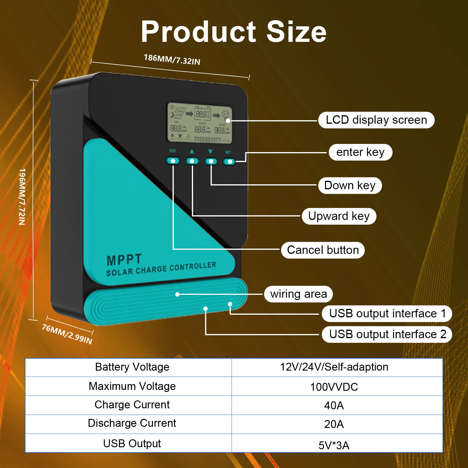 MPPT 40A Solar Charge Controller 12V/24V Auto with LCD&USB Intelligent Regulator