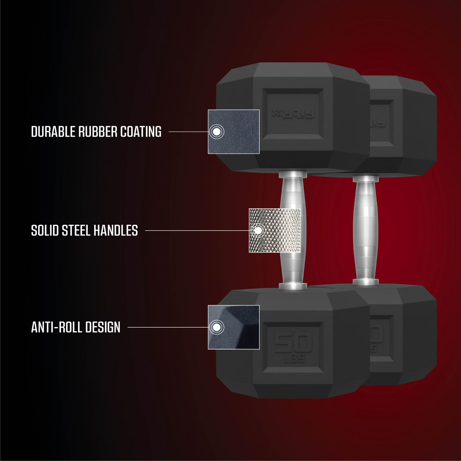 FitRx 50lb Rubber Hex Dumbbell Solid Steel Handle Durable Rubber Coating Single