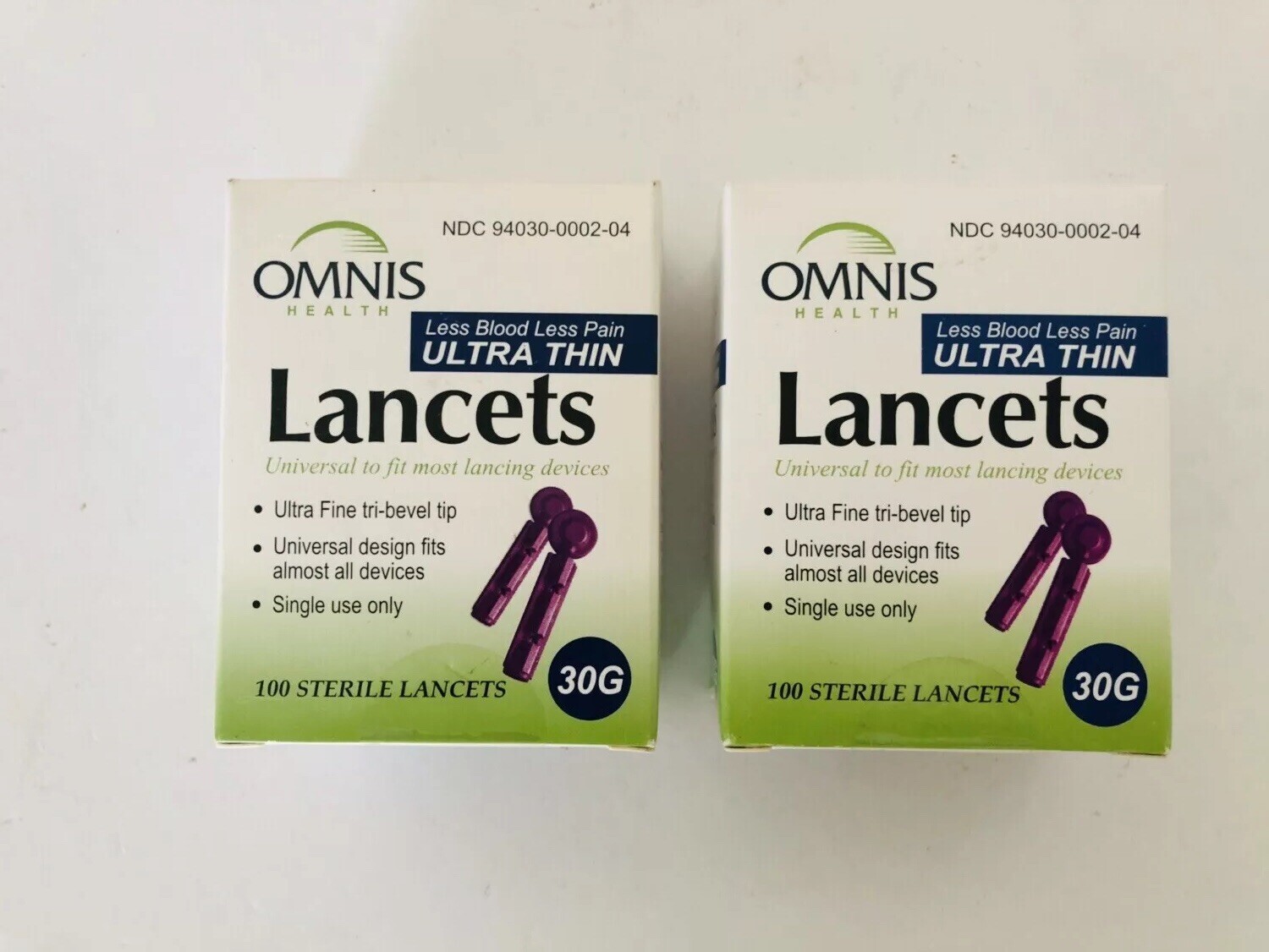 Lot of 2: Omnis Ultra Thin Universal Fit Lancets 30G 100 Each, Total of 200