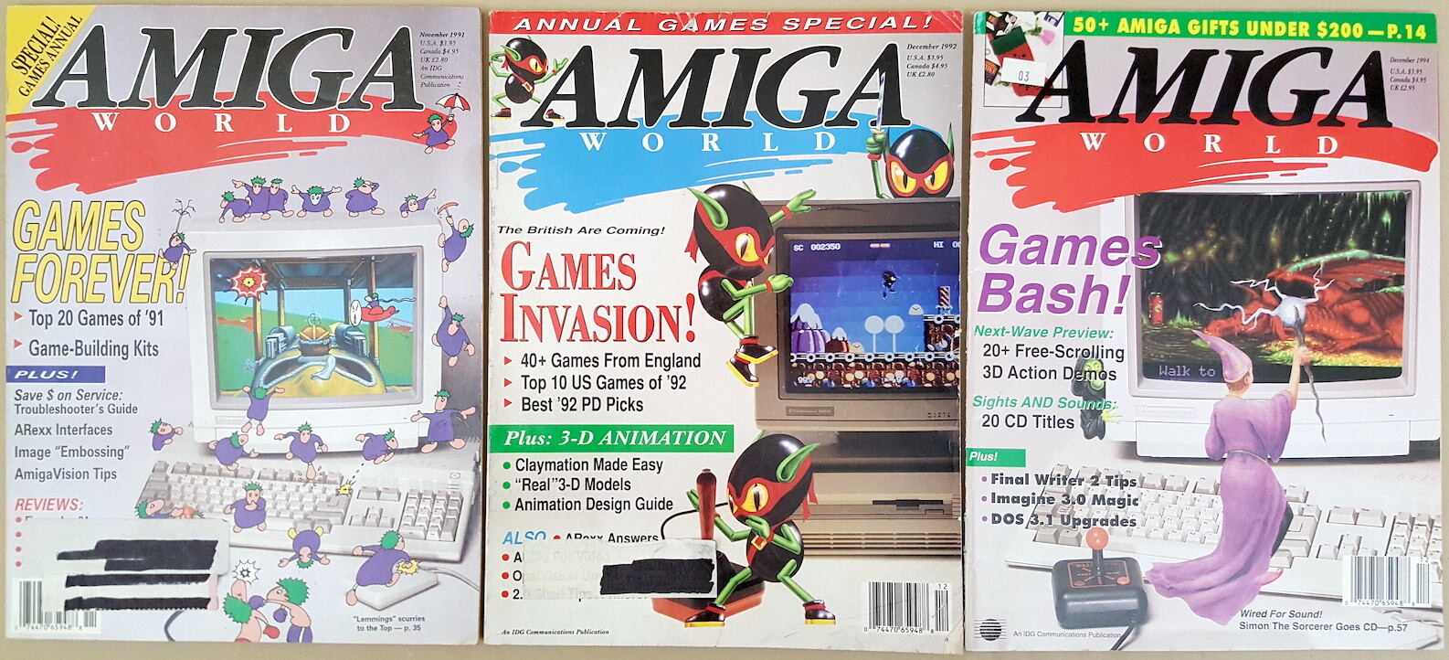 (3) Amiga World Magazines ©1991 1992 1994 Games Issues for Commodore Amiga