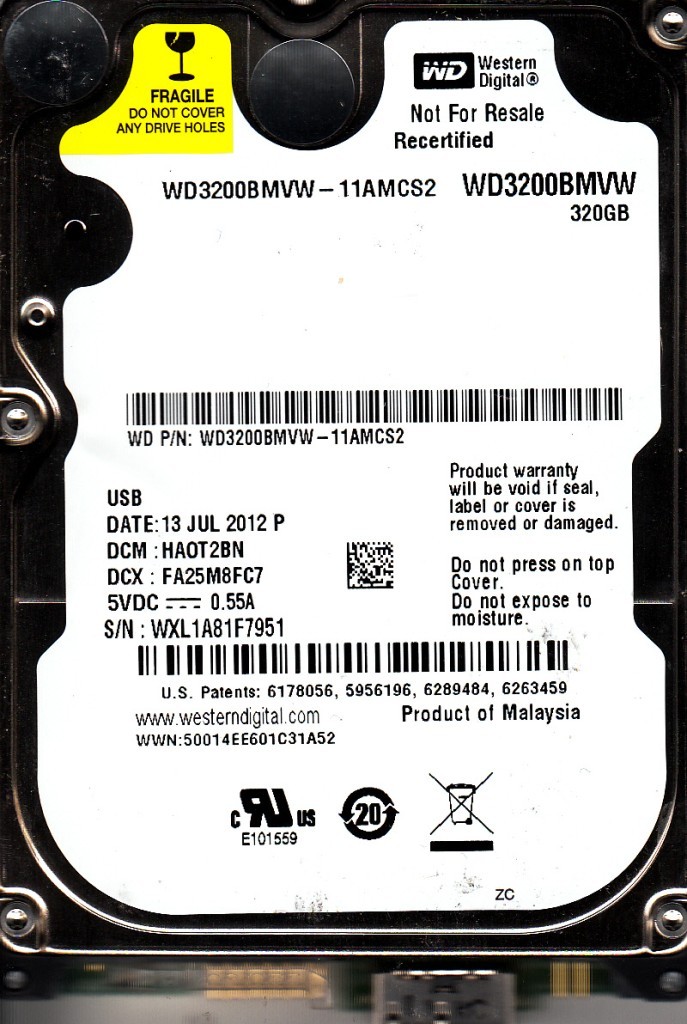 WD3200BMVW-11AMCS2 dcm: HAOT2BN s/n: WXL1A 2012  320GB USB 3.0 B22-05