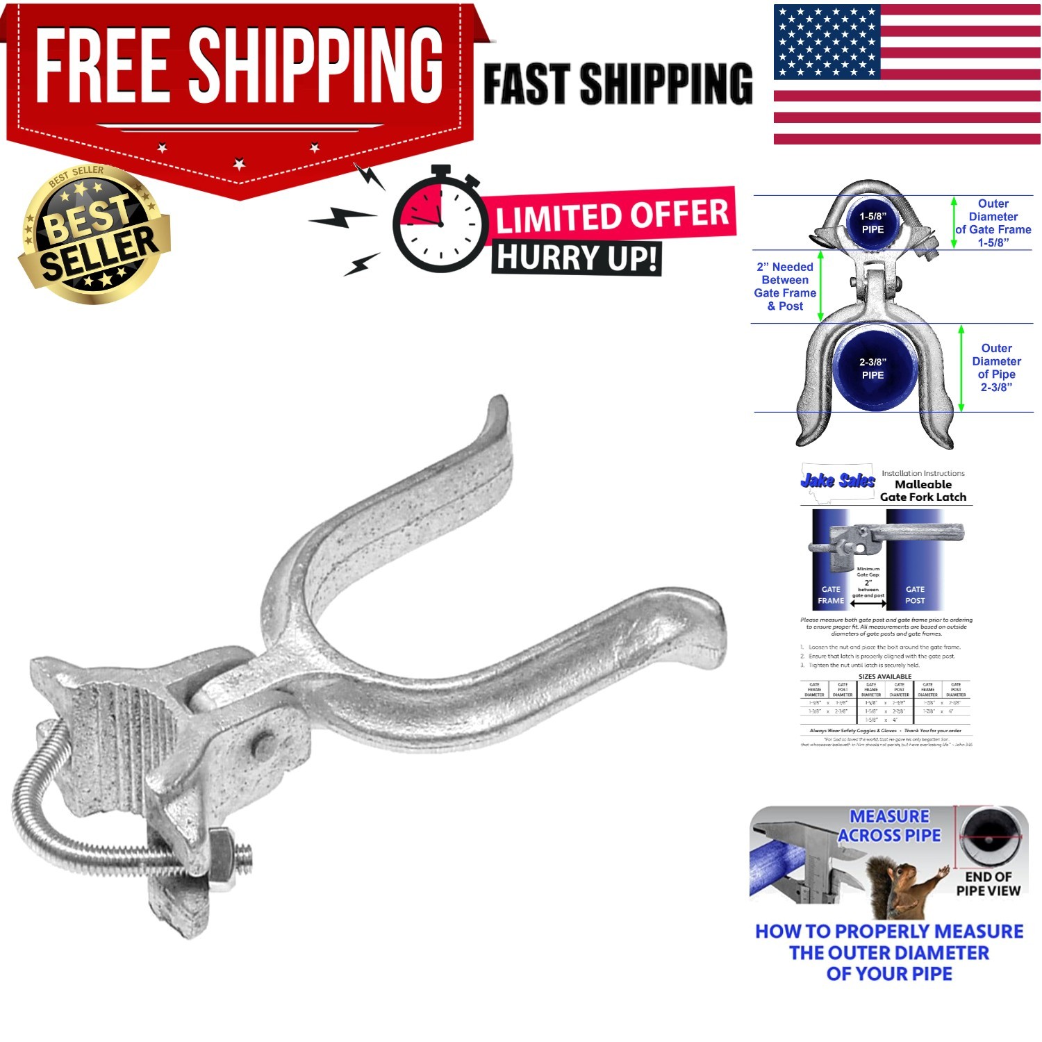 1-5/8" x 2-3/8" 2-1/2" Chain Link Fence Gate Fork Latch - Commercial Heavy Du...