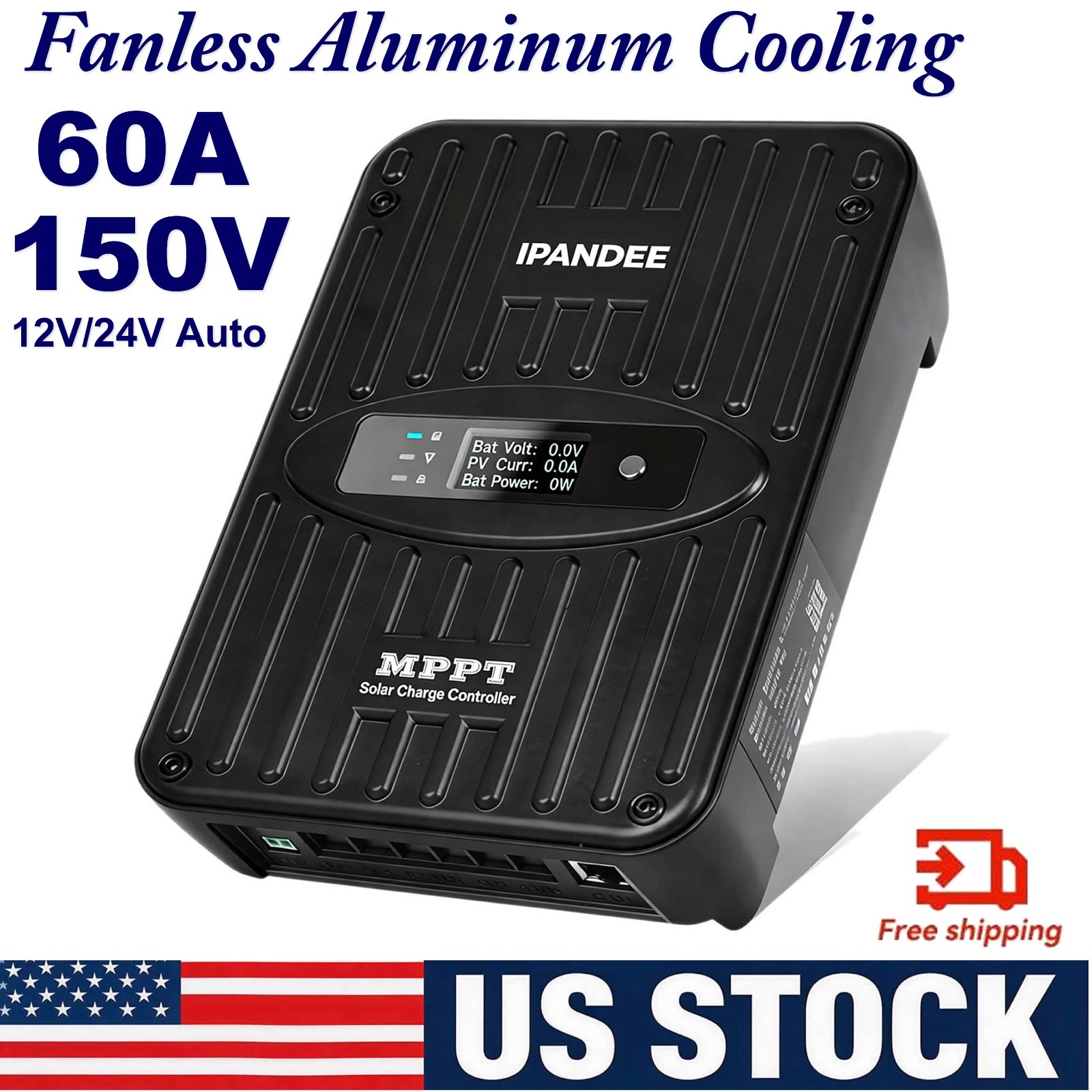 60A 12V 24V Auto MPPT Solar Charge Controller Fanless Aluminum Cooling Off Grid