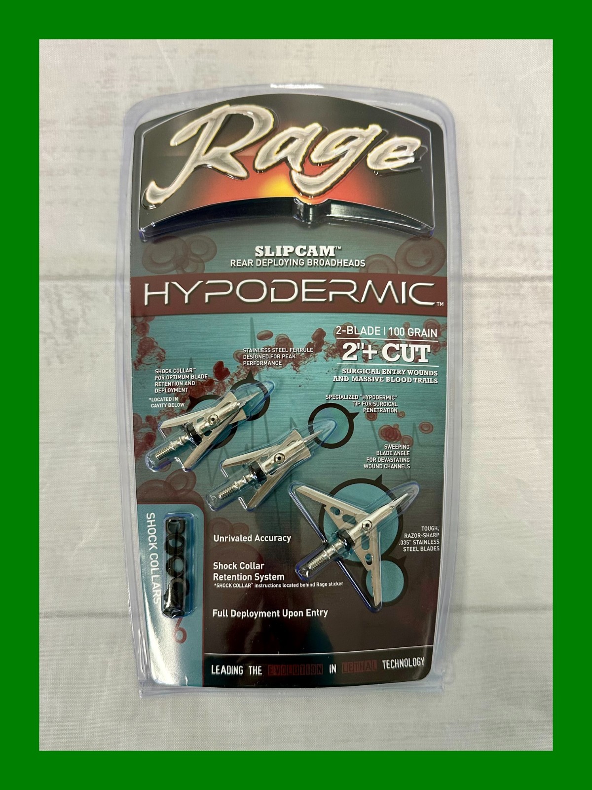 Rage Hypodermic Slipcam 100 grain 3 pack Broadheads 2 Steel Blade, Shock Collars